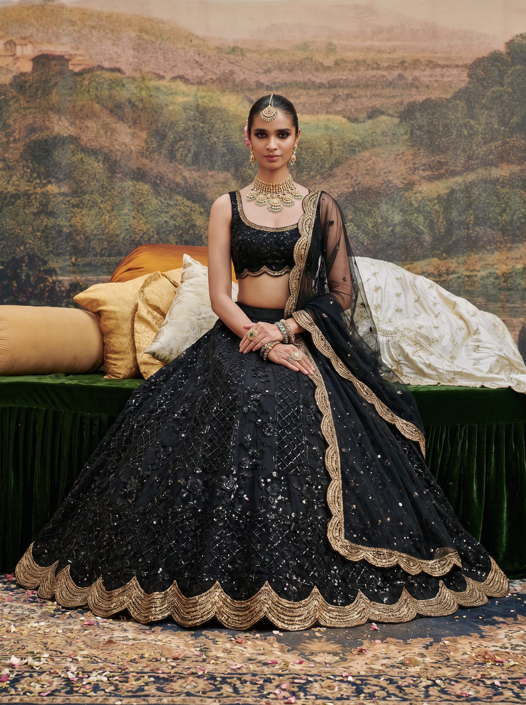 Black georgette embroidered lehenga set with net dupatta - seated pose
