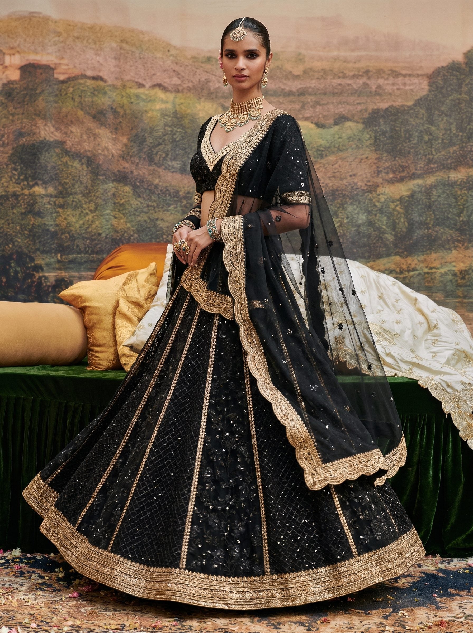 Black georgette embroidered lehenga set with net dupatta - three-quarter view with dupatta