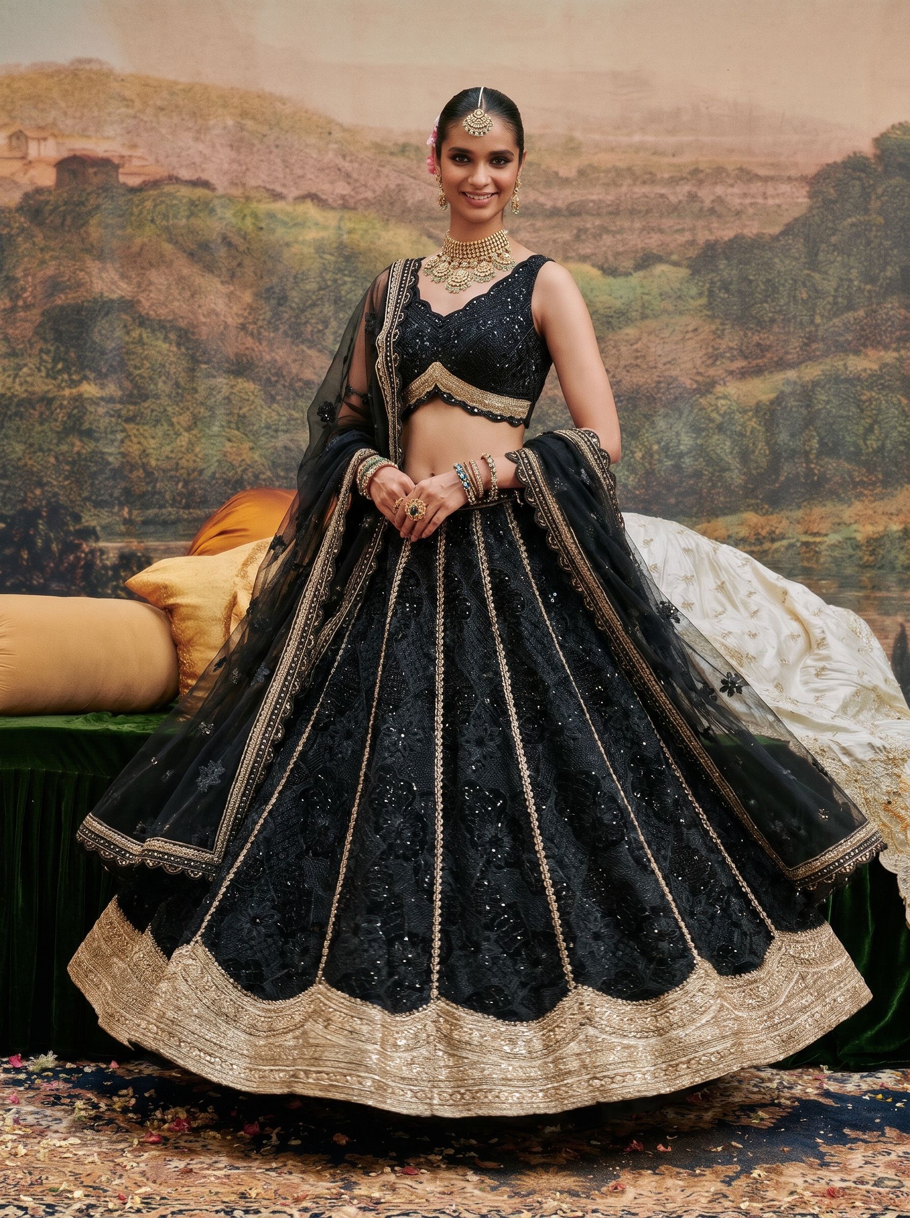 Black georgette embroidered lehenga set with net dupatta - twirl showing skirt flare