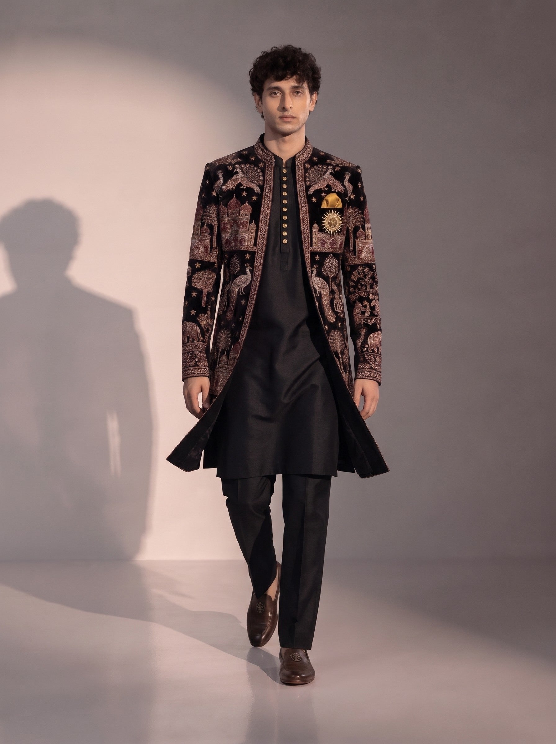 Black multicolour heritage embroidered silk indowestern for men - full look