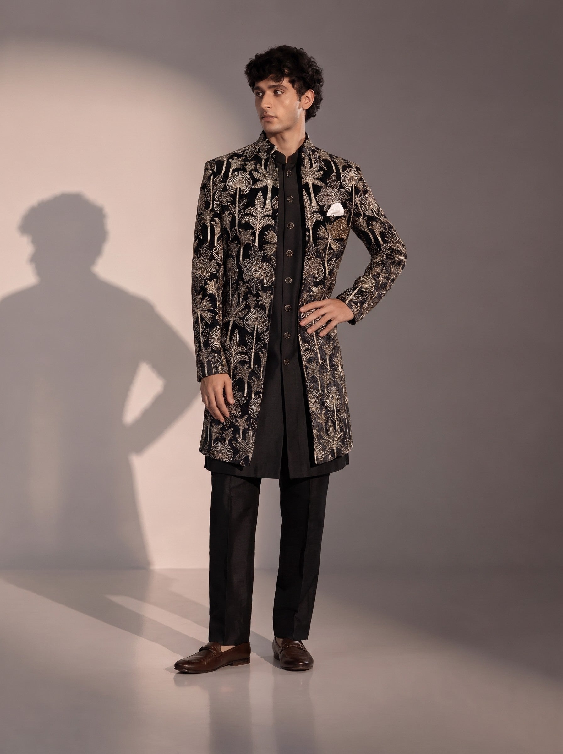 Black palm embroidered silk indowestern for men - front view