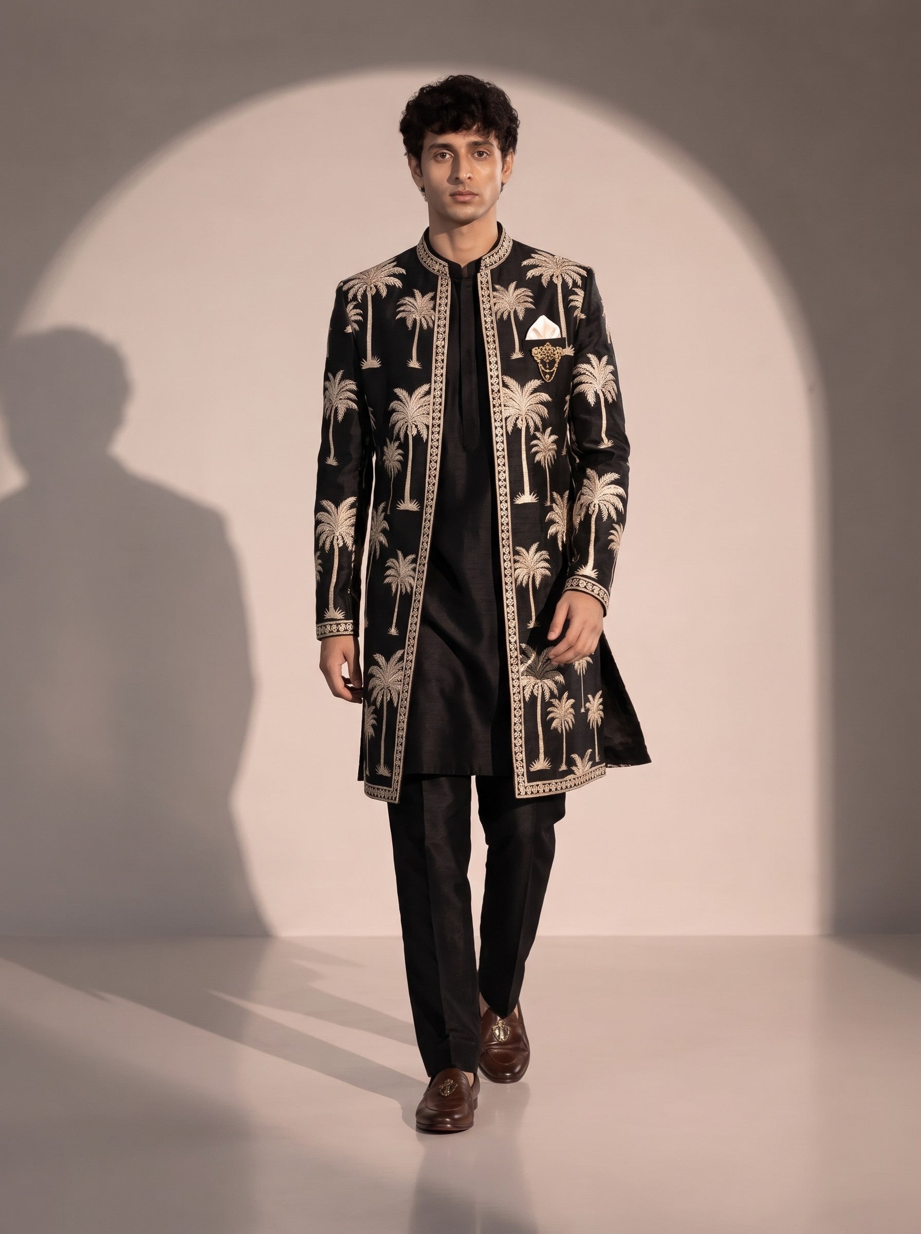 Black palm embroidered silk indowestern for men - full look