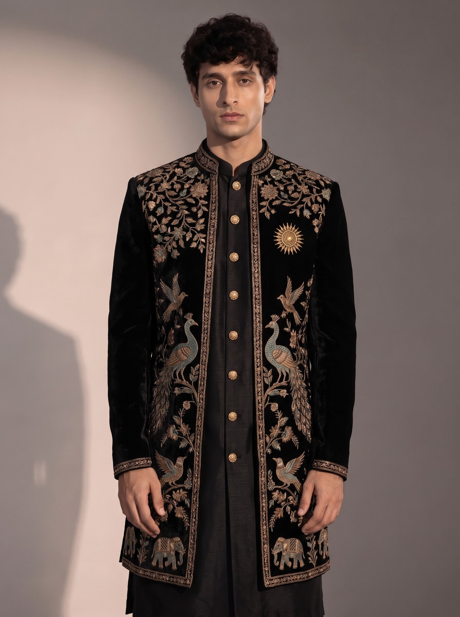 Black peacock embroidered silk indowestern for men - close-up of collar and embroidery