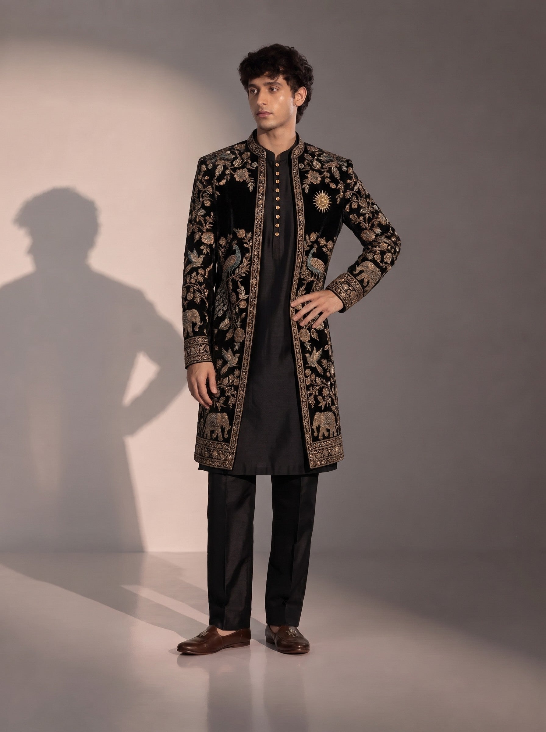 Black peacock embroidered silk indowestern for men - front view