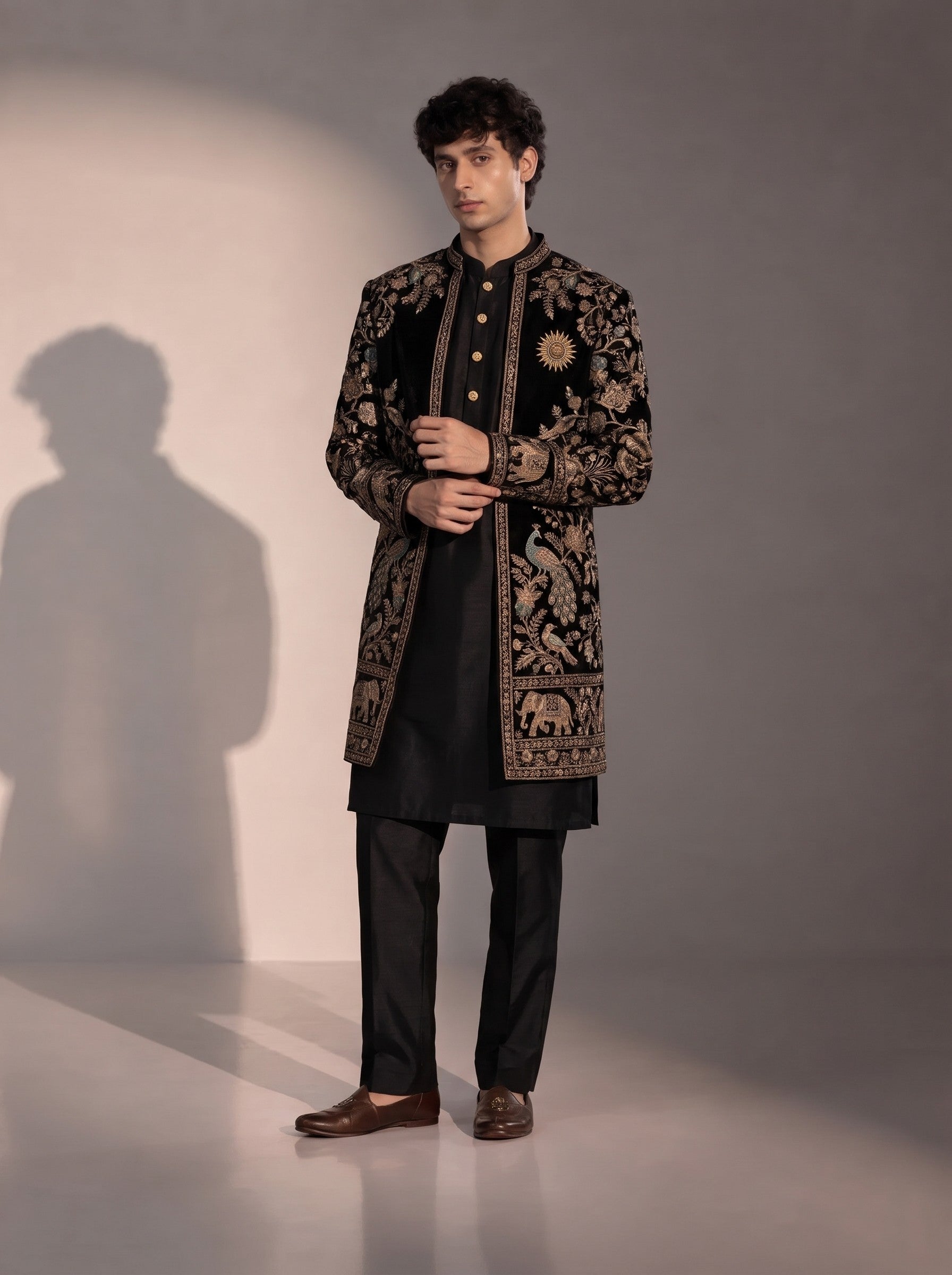Black peacock embroidered silk indowestern for men - three-quarter view