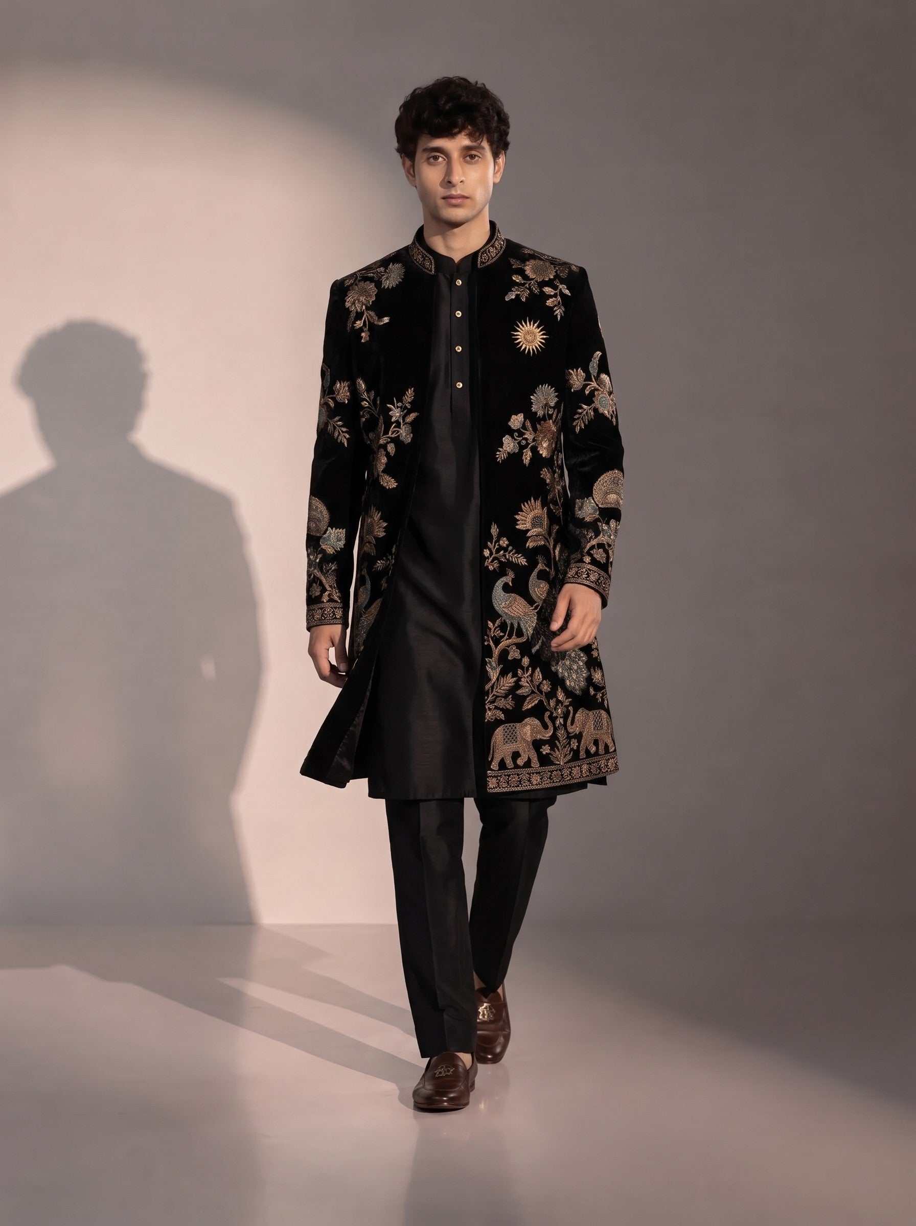 Black peacock embroidered silk indowestern for men - full look