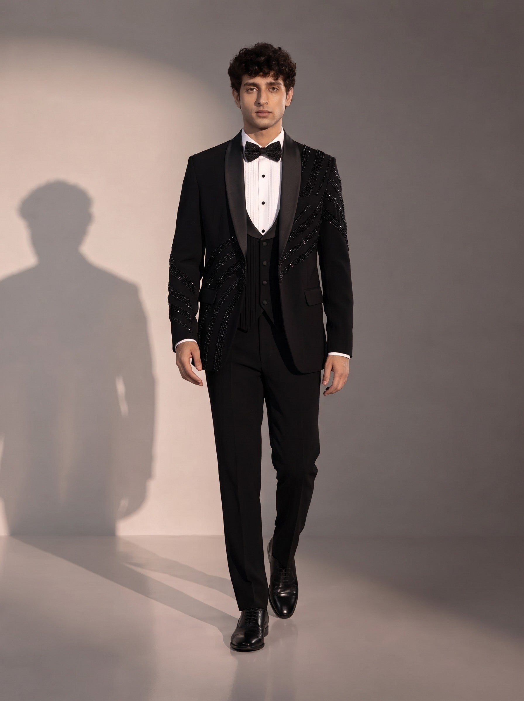 Black peak lapel beaded tuxedo suit for men - full look