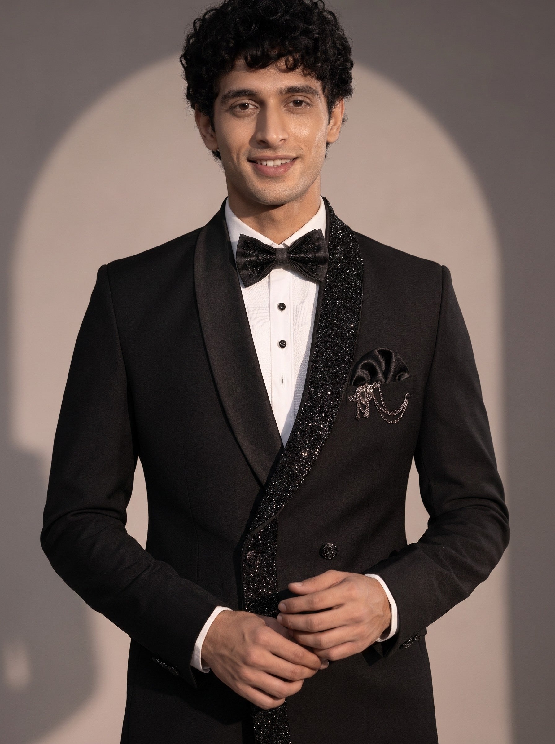 Black sequin double breasted tuxedo suit for men - close-up of lapel and detailing
