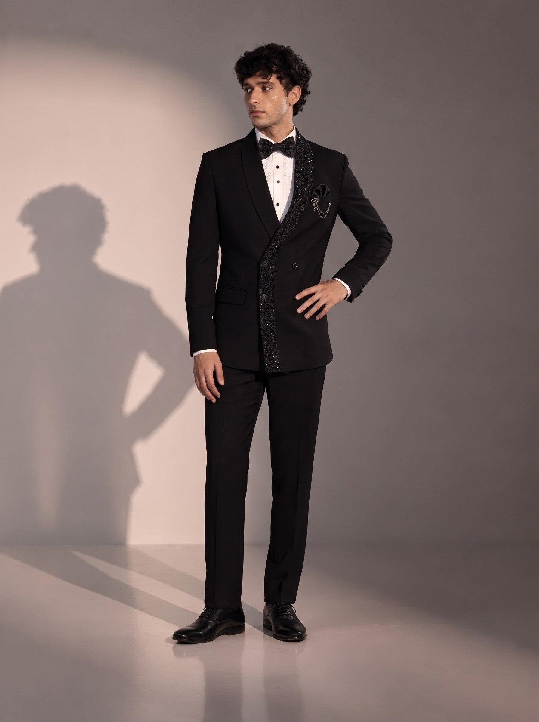 Black sequin double breasted tuxedo suit for men - front view