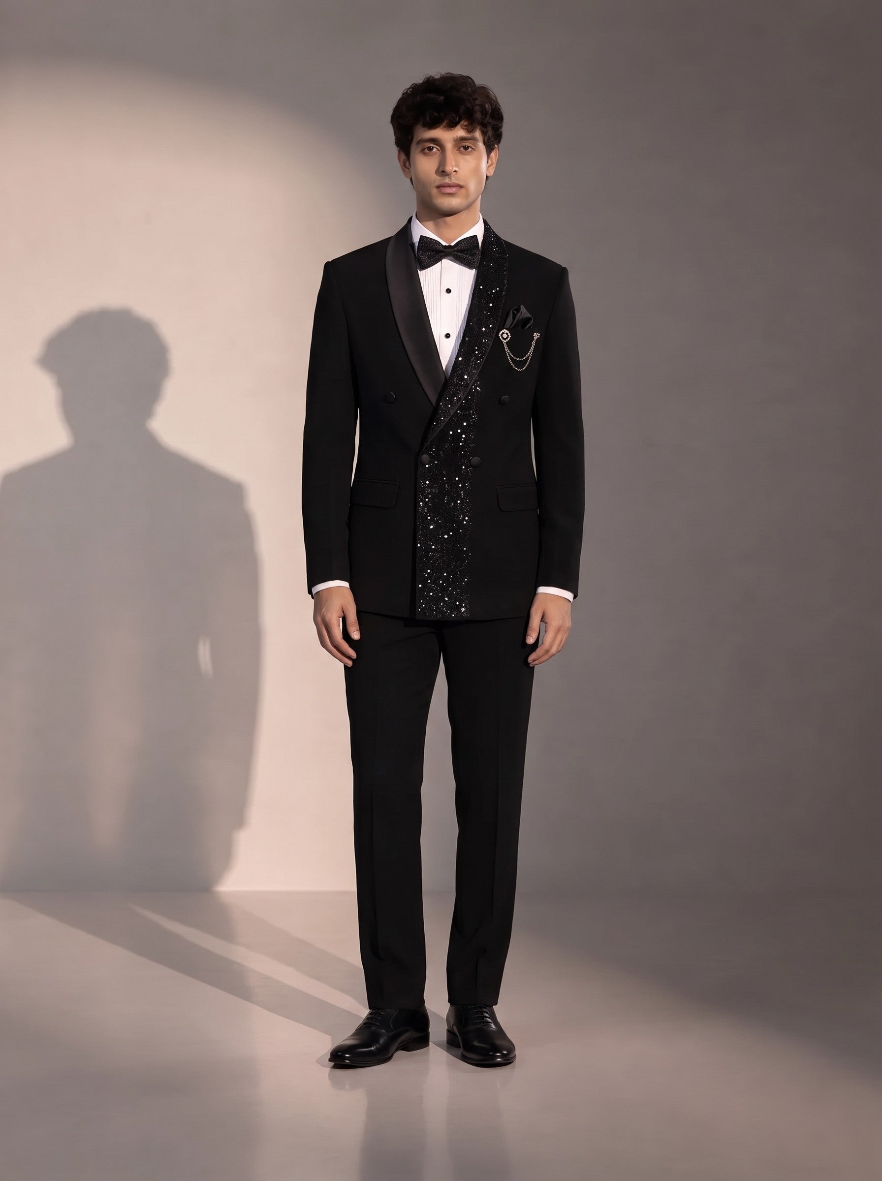 Black sequin double breasted tuxedo suit for men - three-quarter view