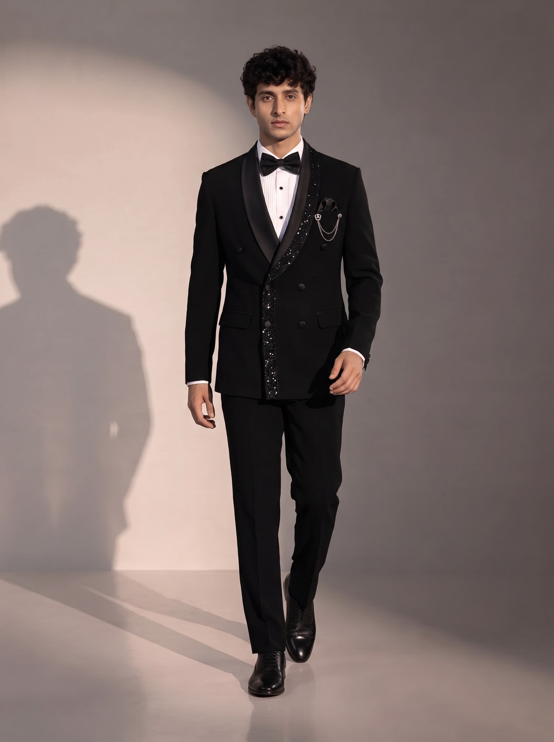 Black sequin double breasted tuxedo suit for men - full look