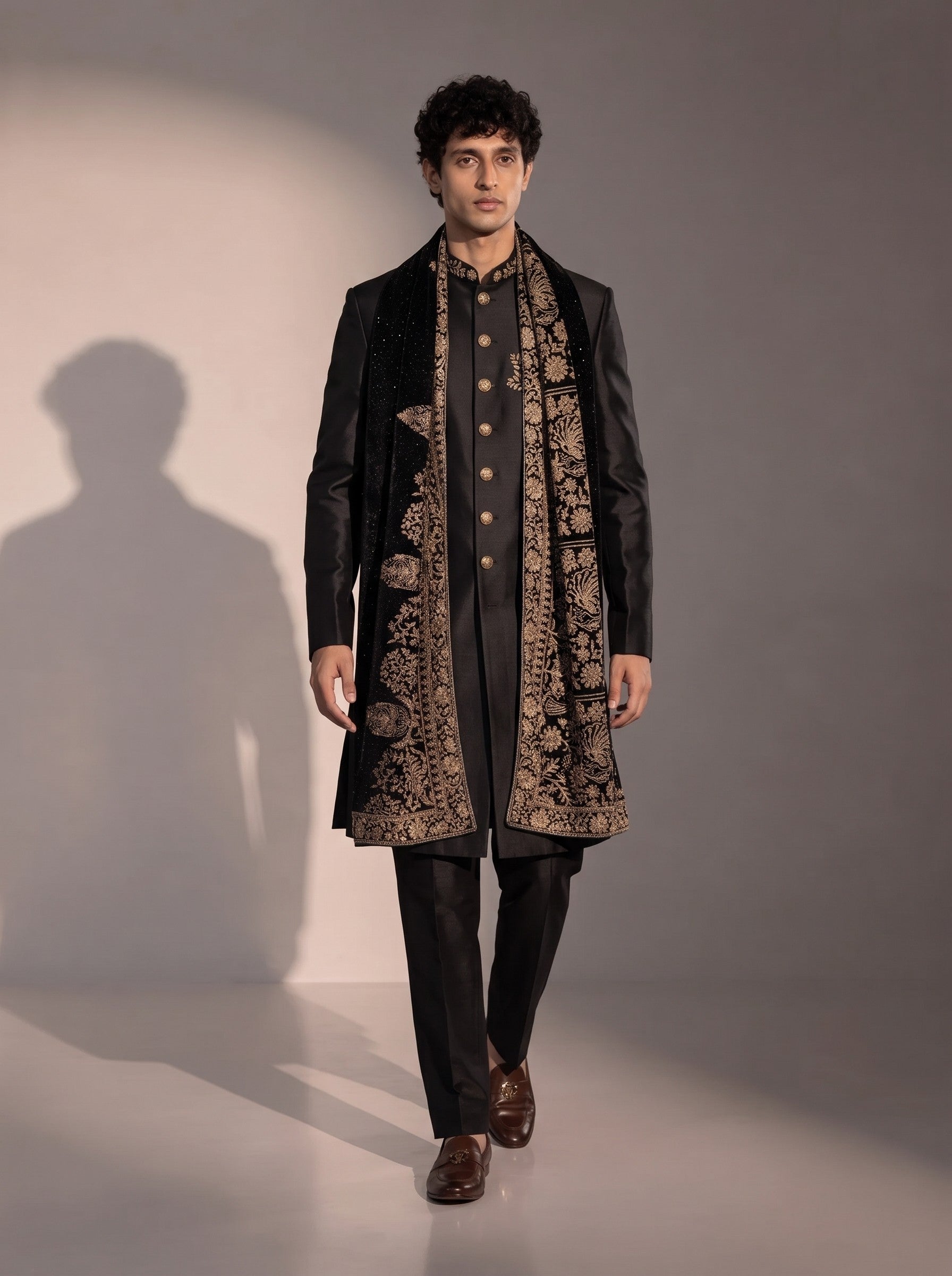 Men's black indowestern with gold zardozi velvet stole for wedding - full look