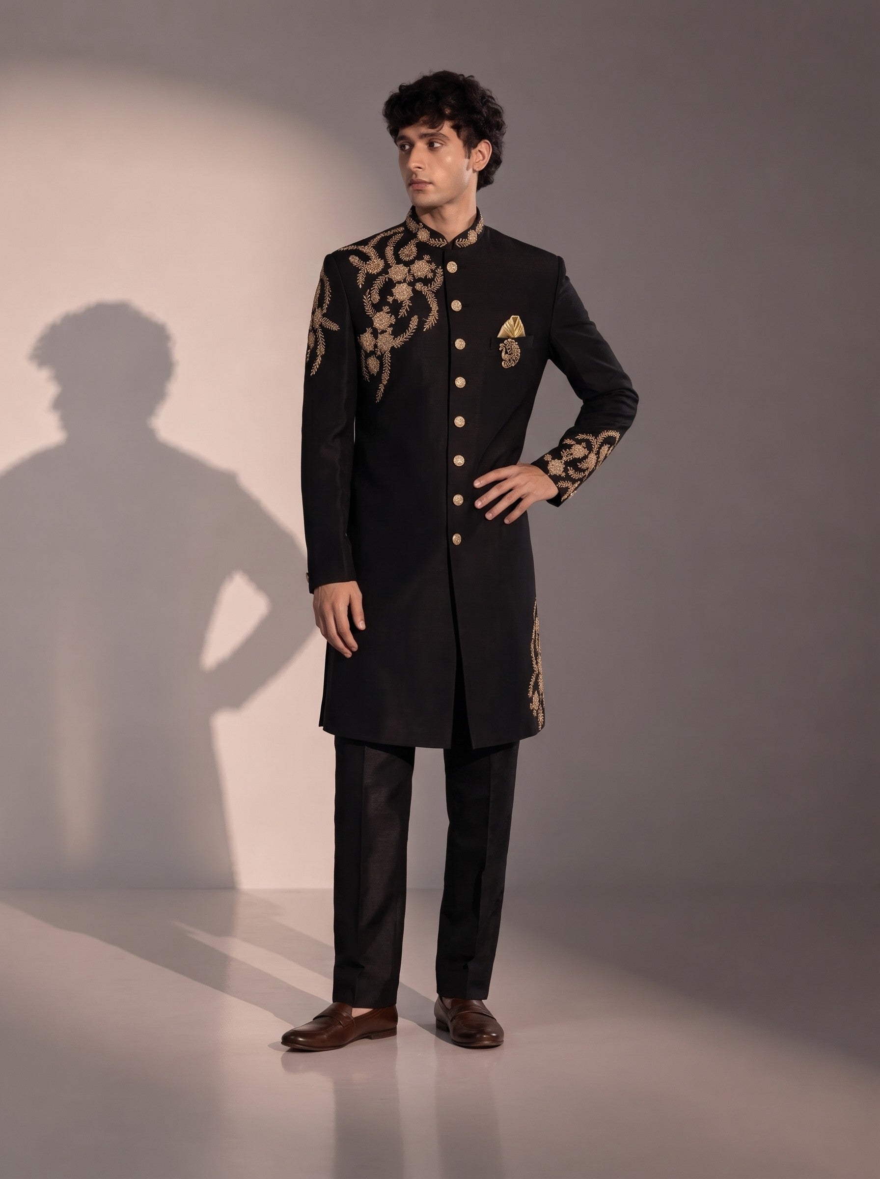 Black silk embroidered indowestern for men with matching trouser - front view