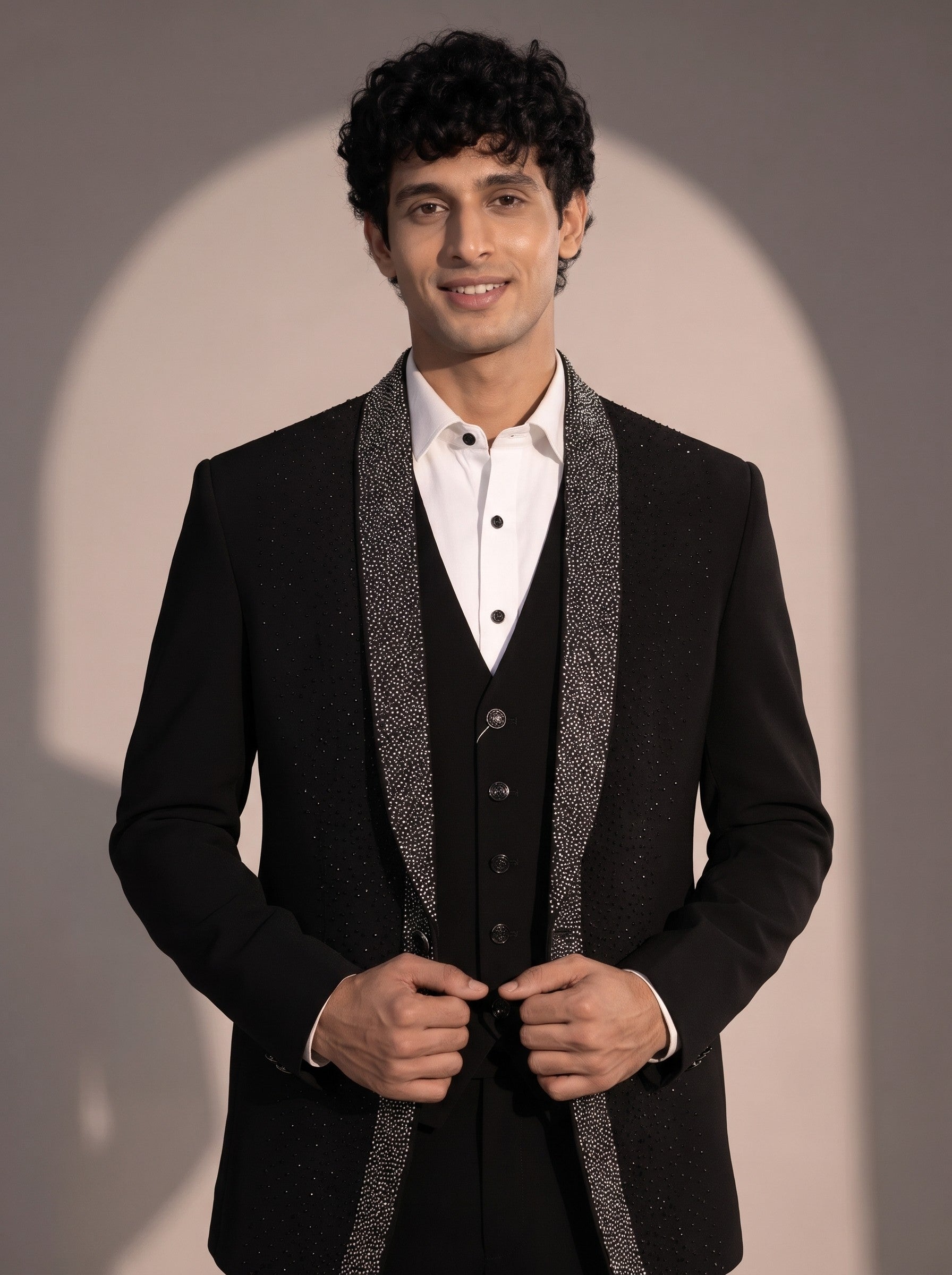 Black silver beaded suit for men - close-up of lapel and detailing