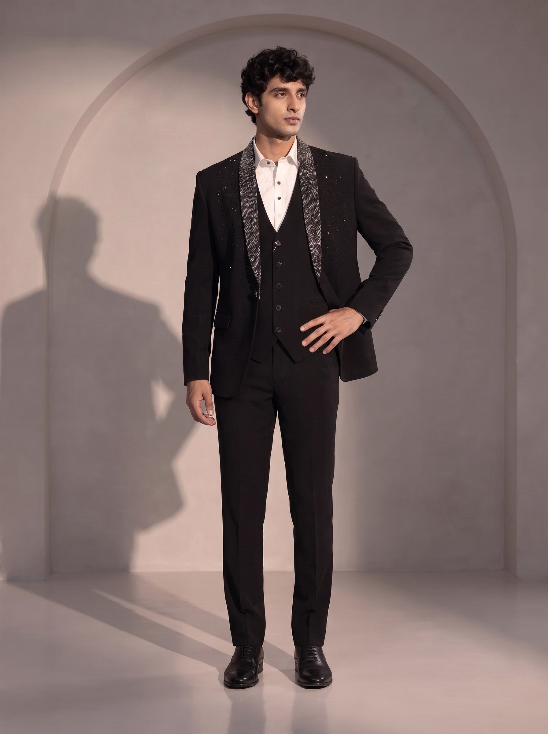 Black silver beaded suit for men - front view