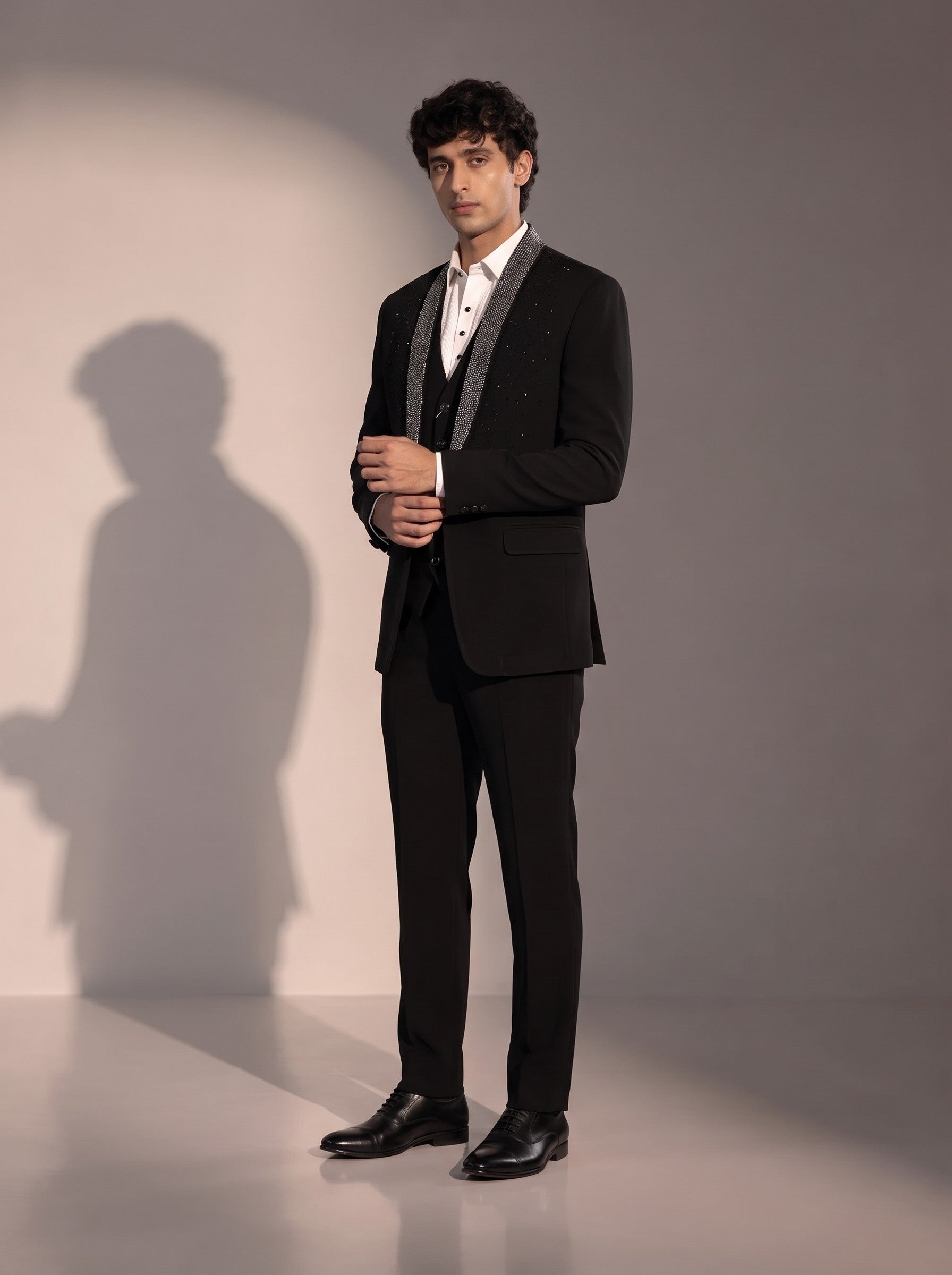 Black silver beaded suit for men - three-quarter view