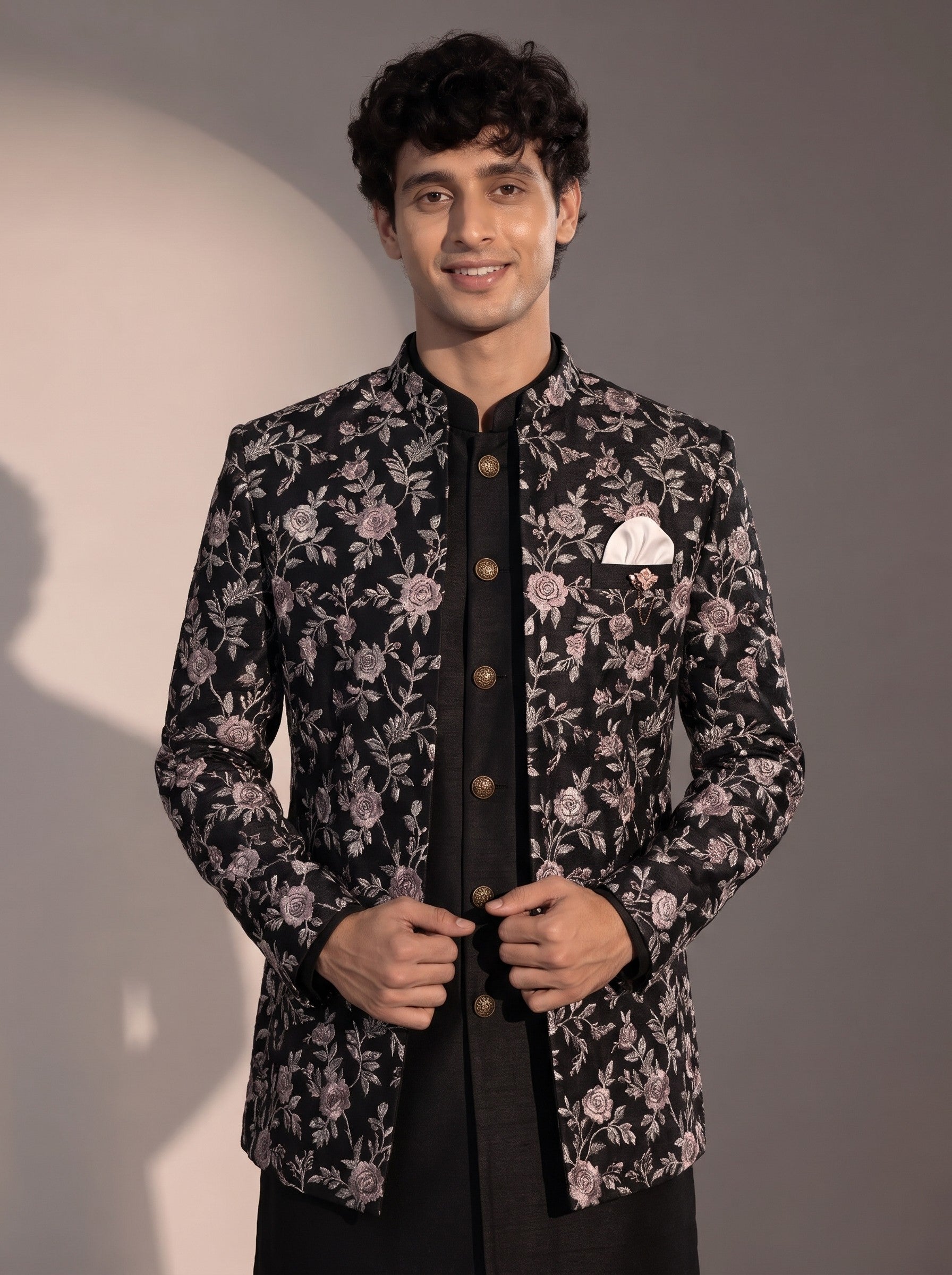 Black silver floral jodhpuri indowestern suit for men - close-up of collar and embroidery