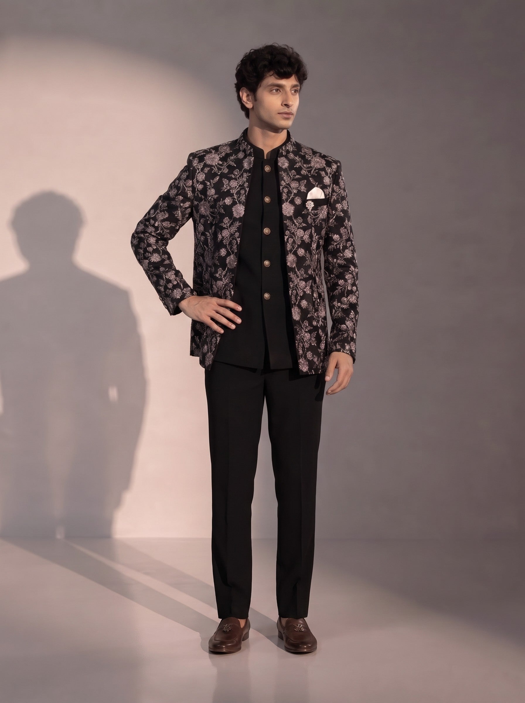 Black silver floral jodhpuri indowestern suit for men - front view