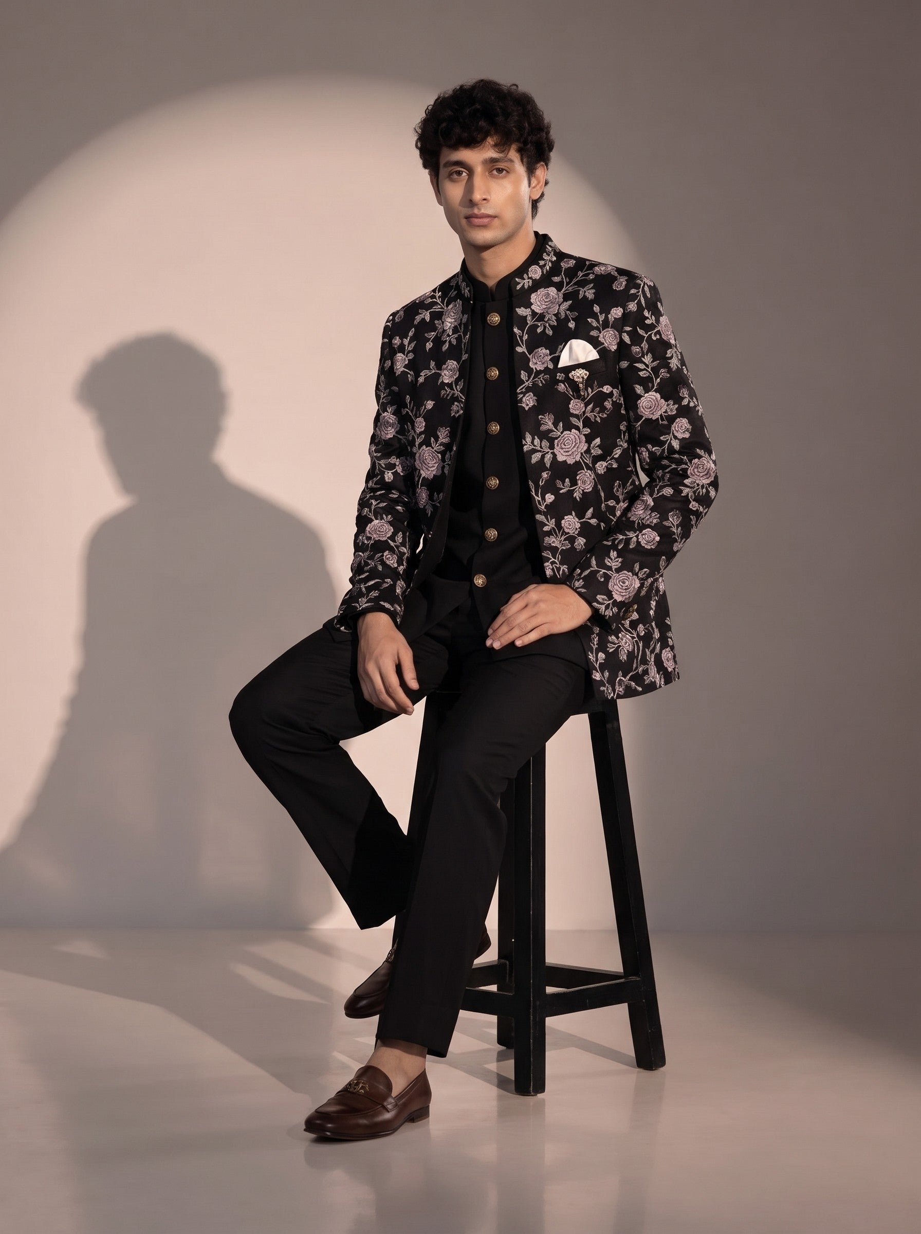 Black silver floral jodhpuri indowestern suit for men - seated pose