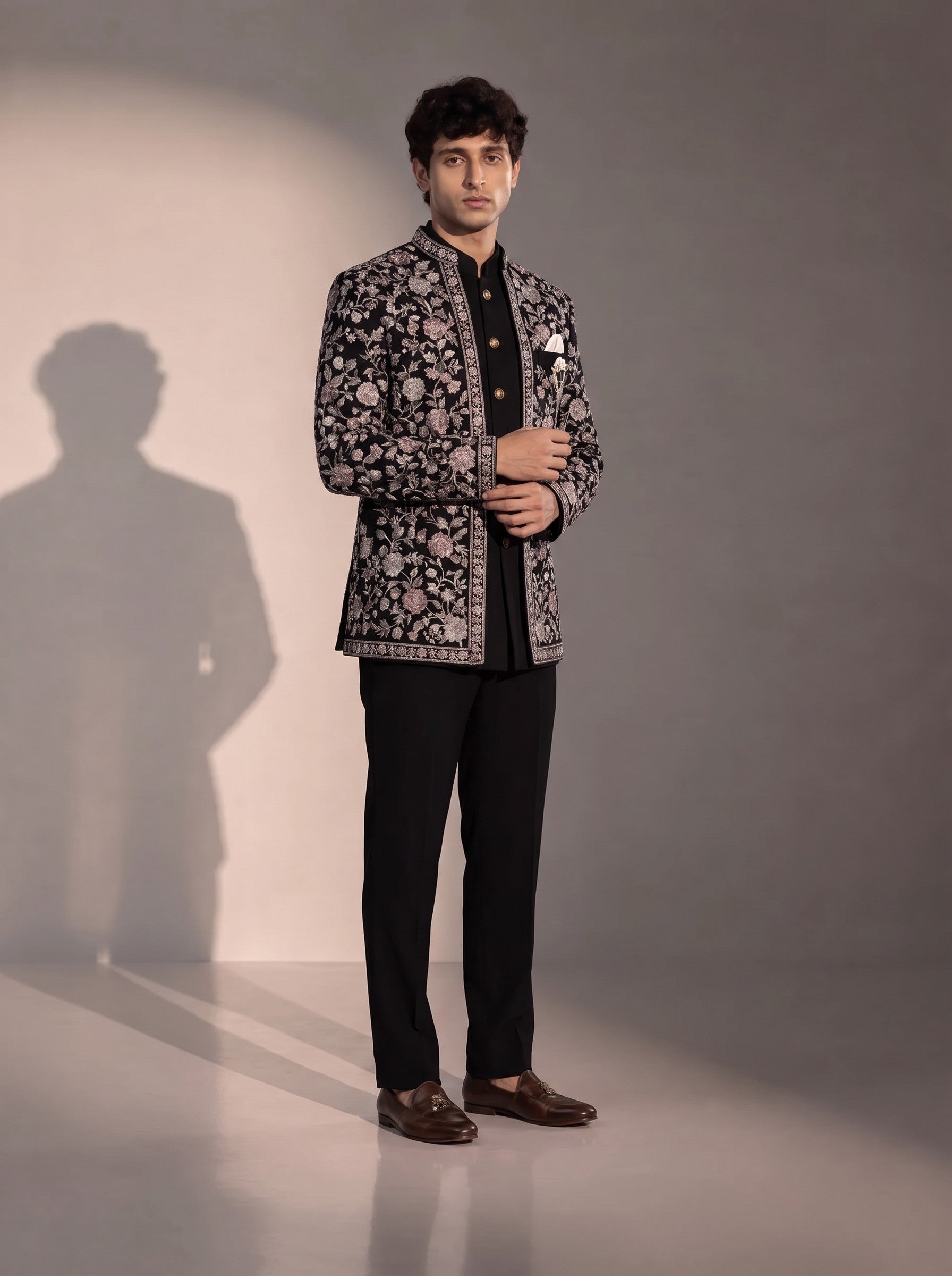 Black silver floral jodhpuri indowestern suit for men - three-quarter view