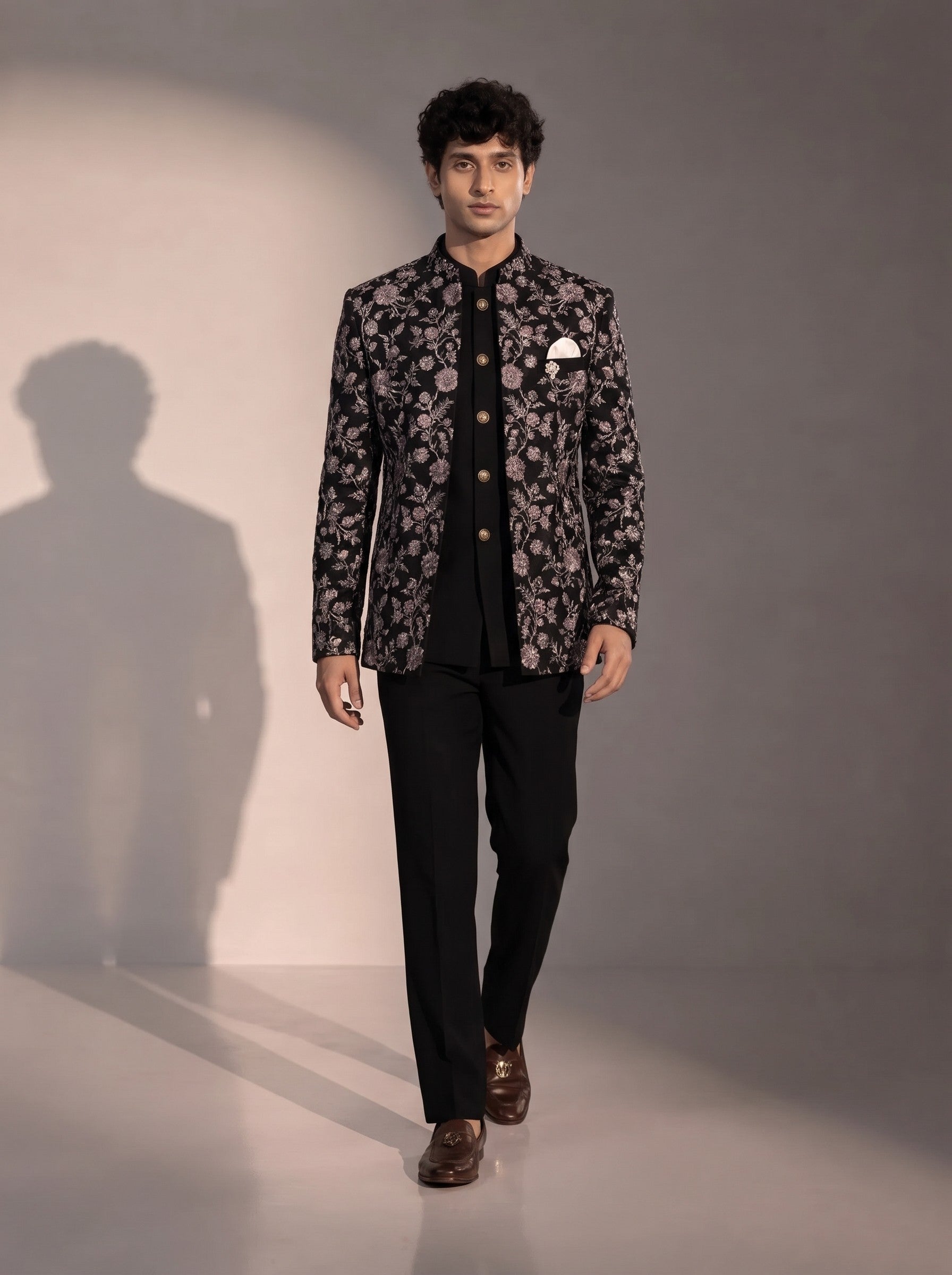 Black silver floral jodhpuri indowestern suit for men - full look