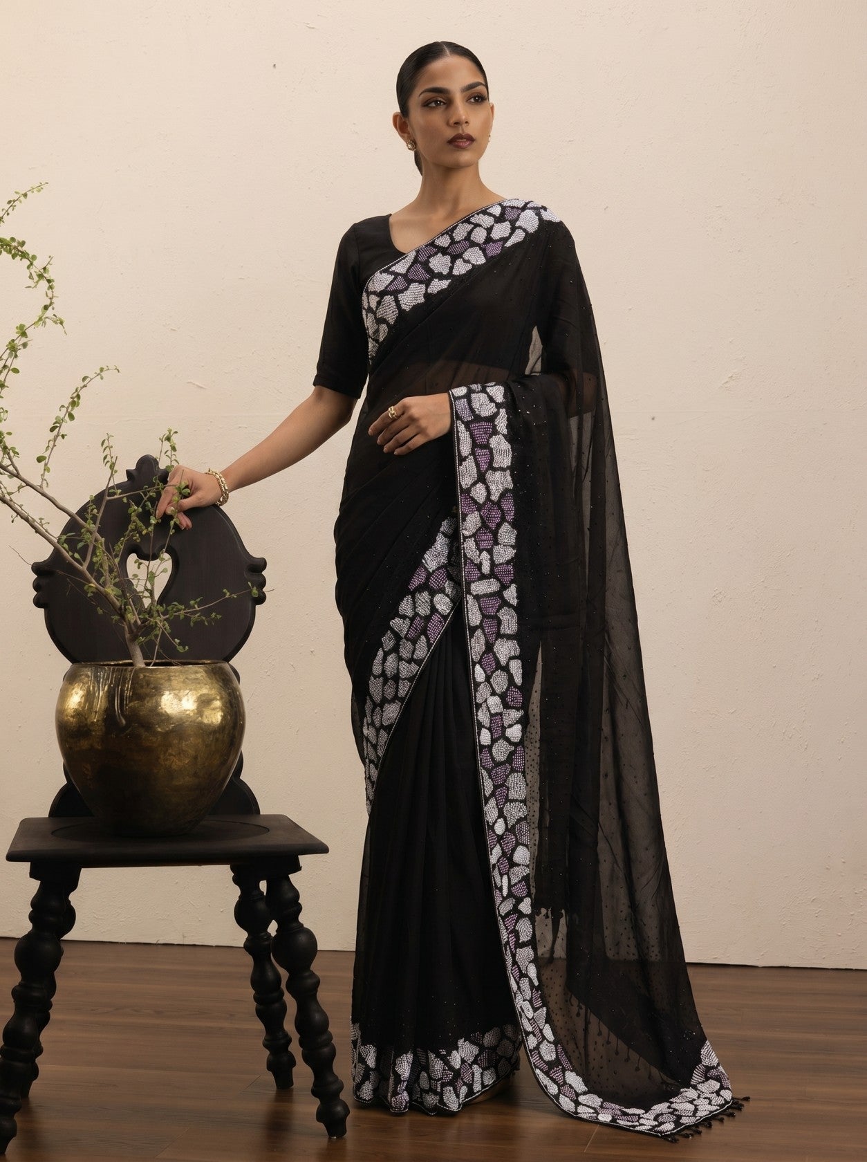 Black Siroski And Pearl Work Saree