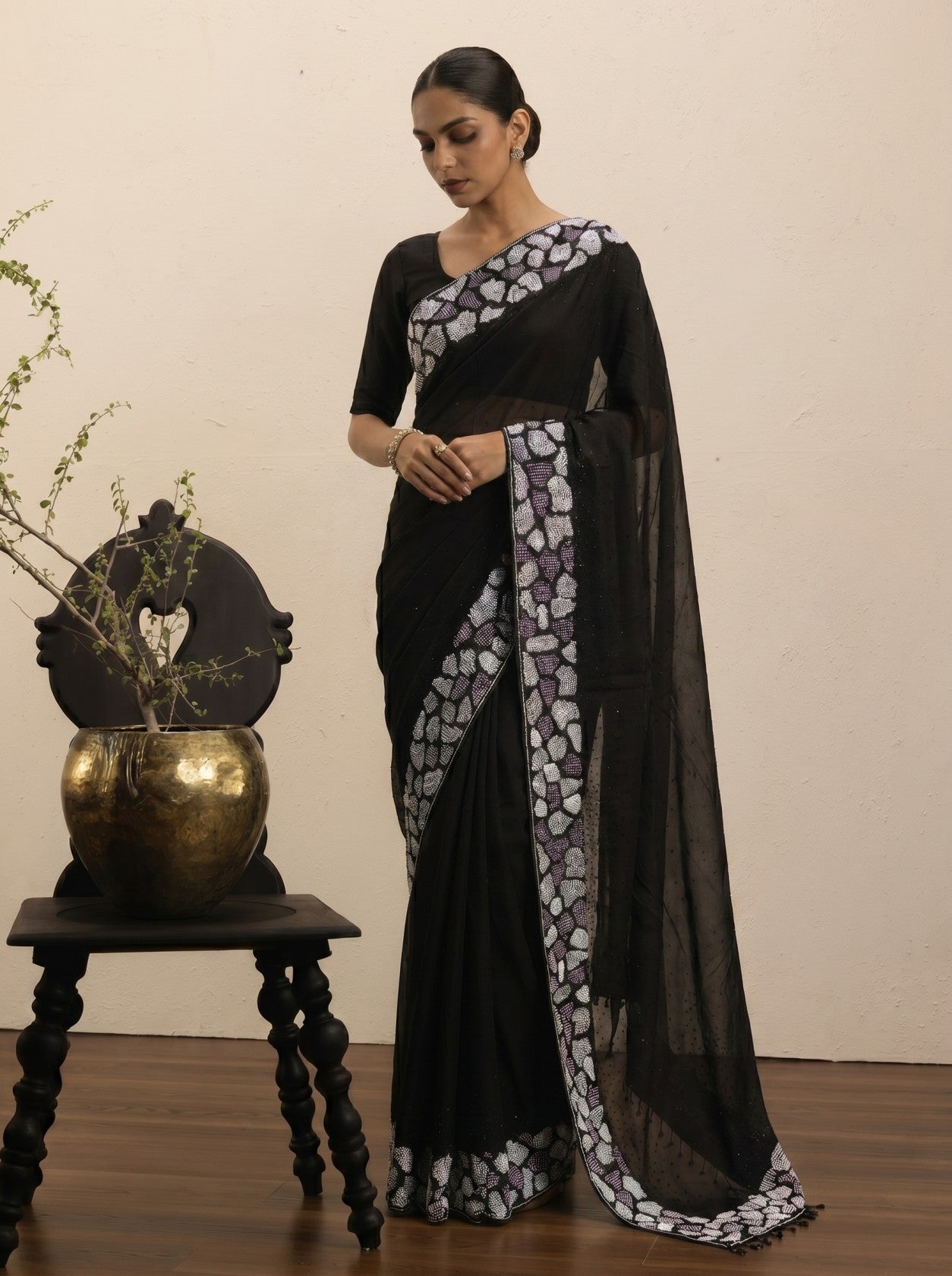 Black Siroski And Pearl Work Saree