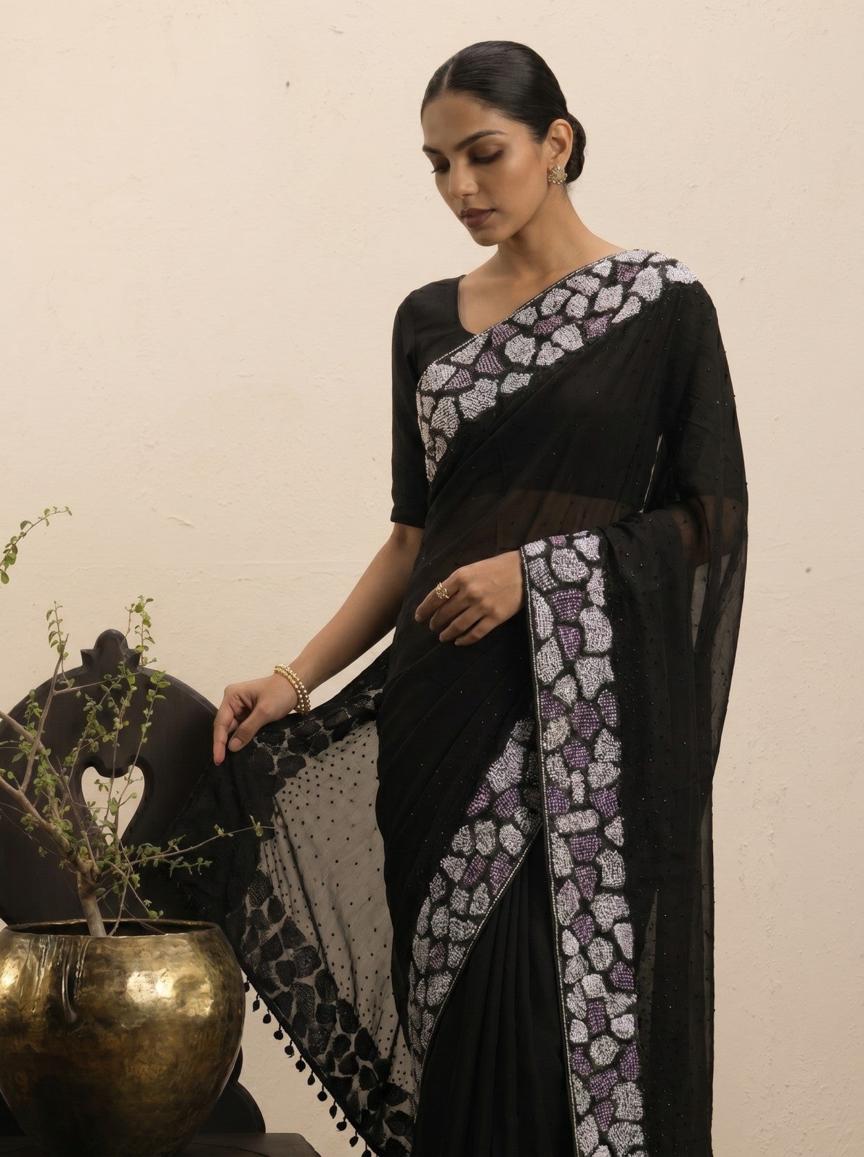 Black Siroski And Pearl Work Saree