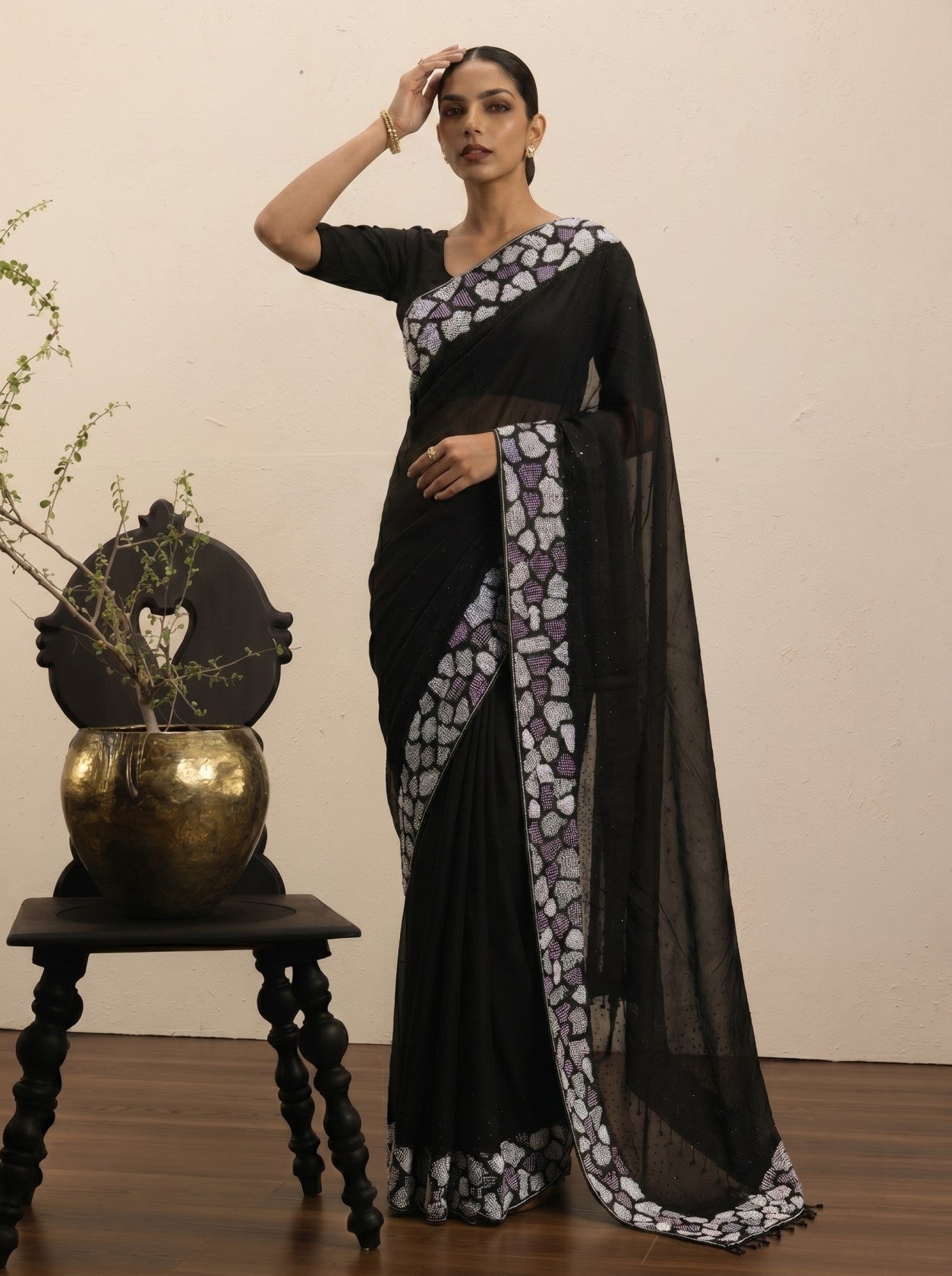 Black Siroski And Pearl Work Saree