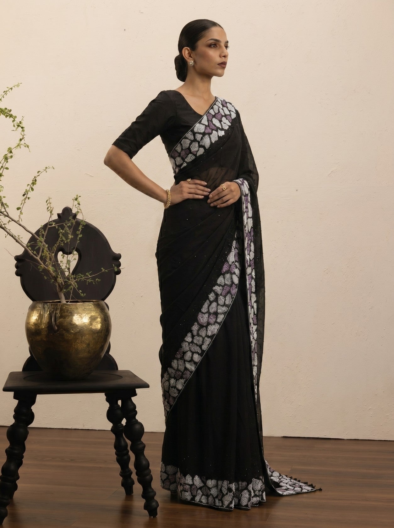 Black Siroski And Pearl Work Saree