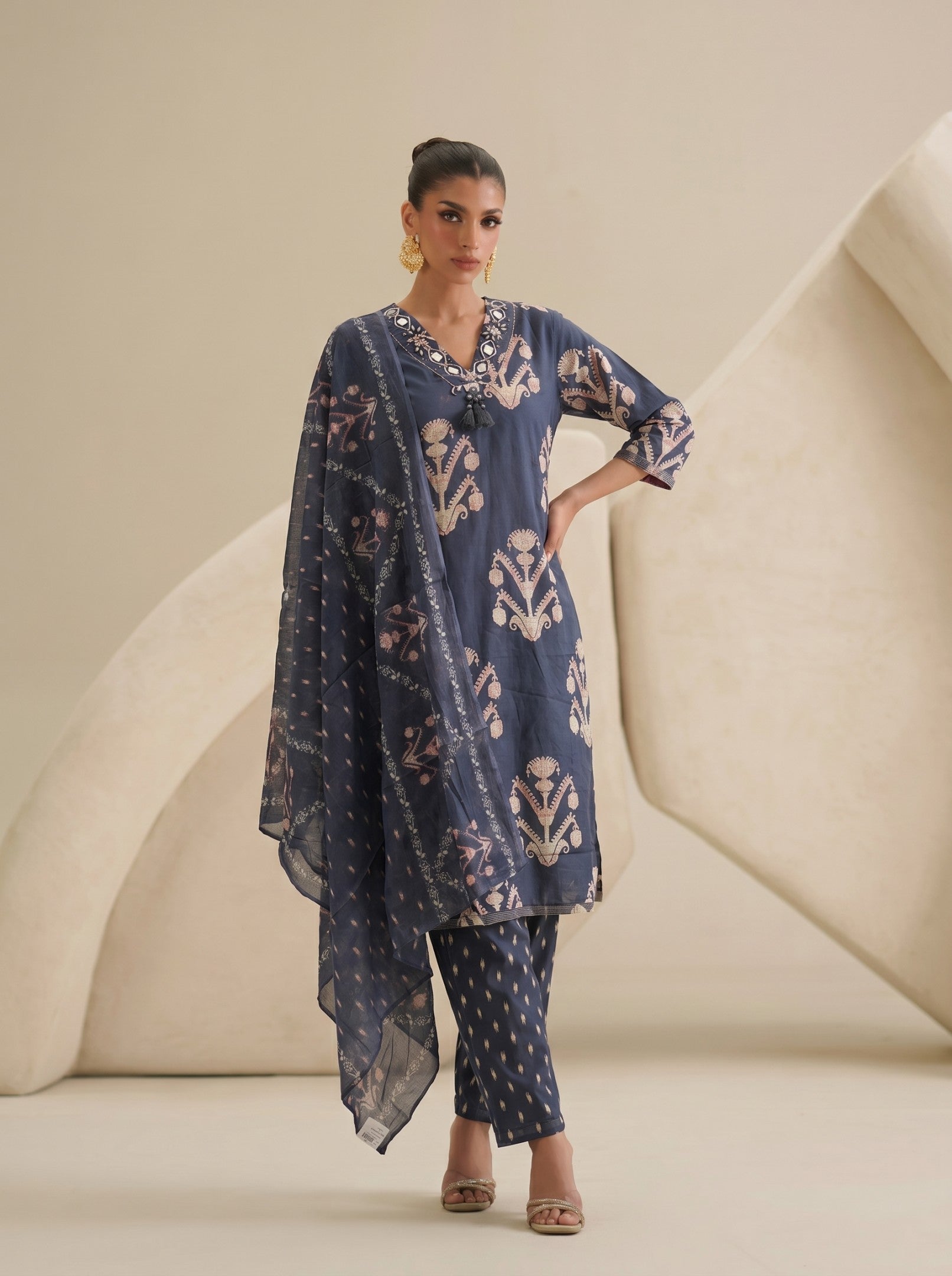 Navy Blue Printed Cotton Suit Set With Dupatta