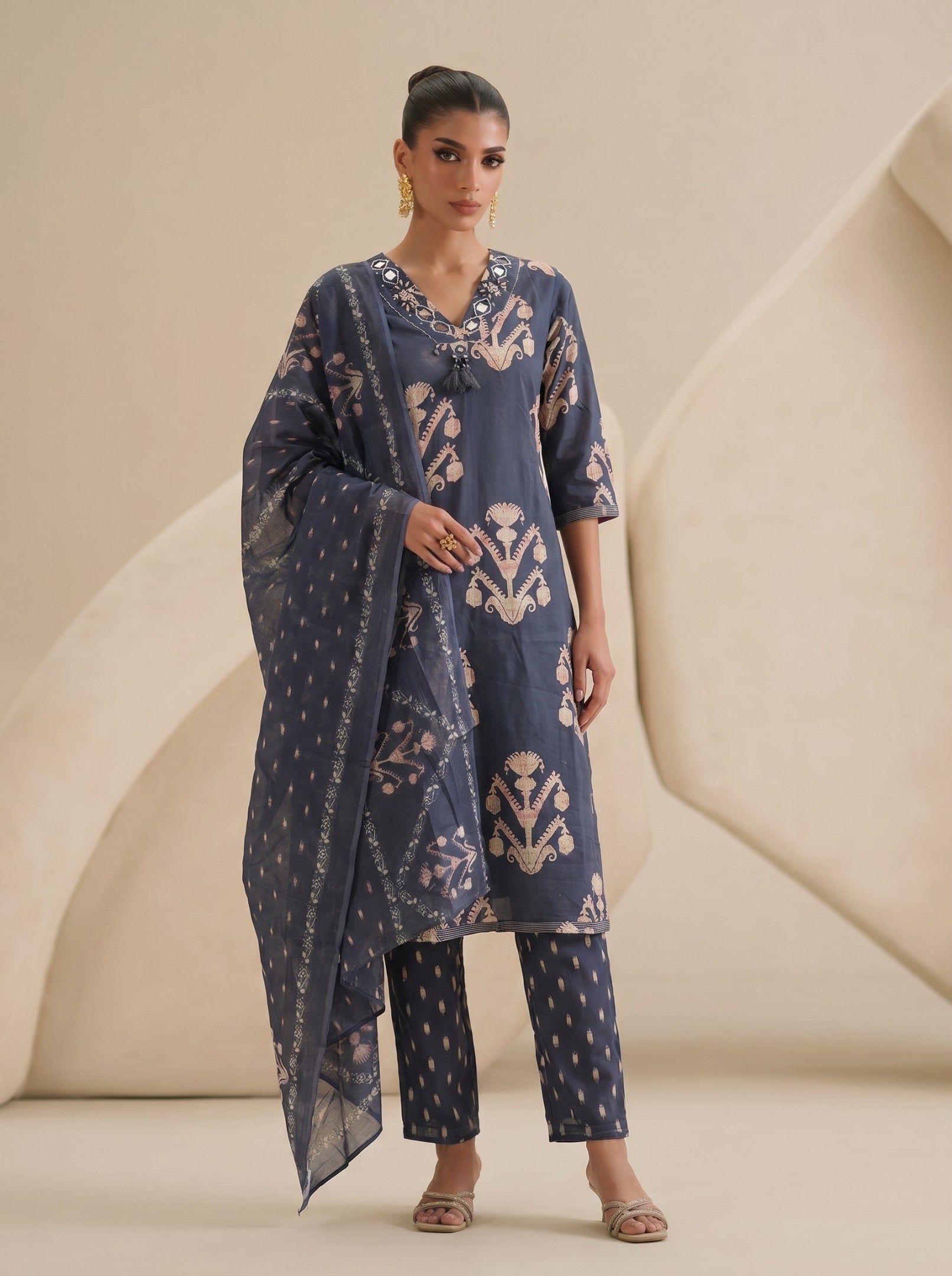 Navy Blue Printed Cotton Suit Set With Dupatta