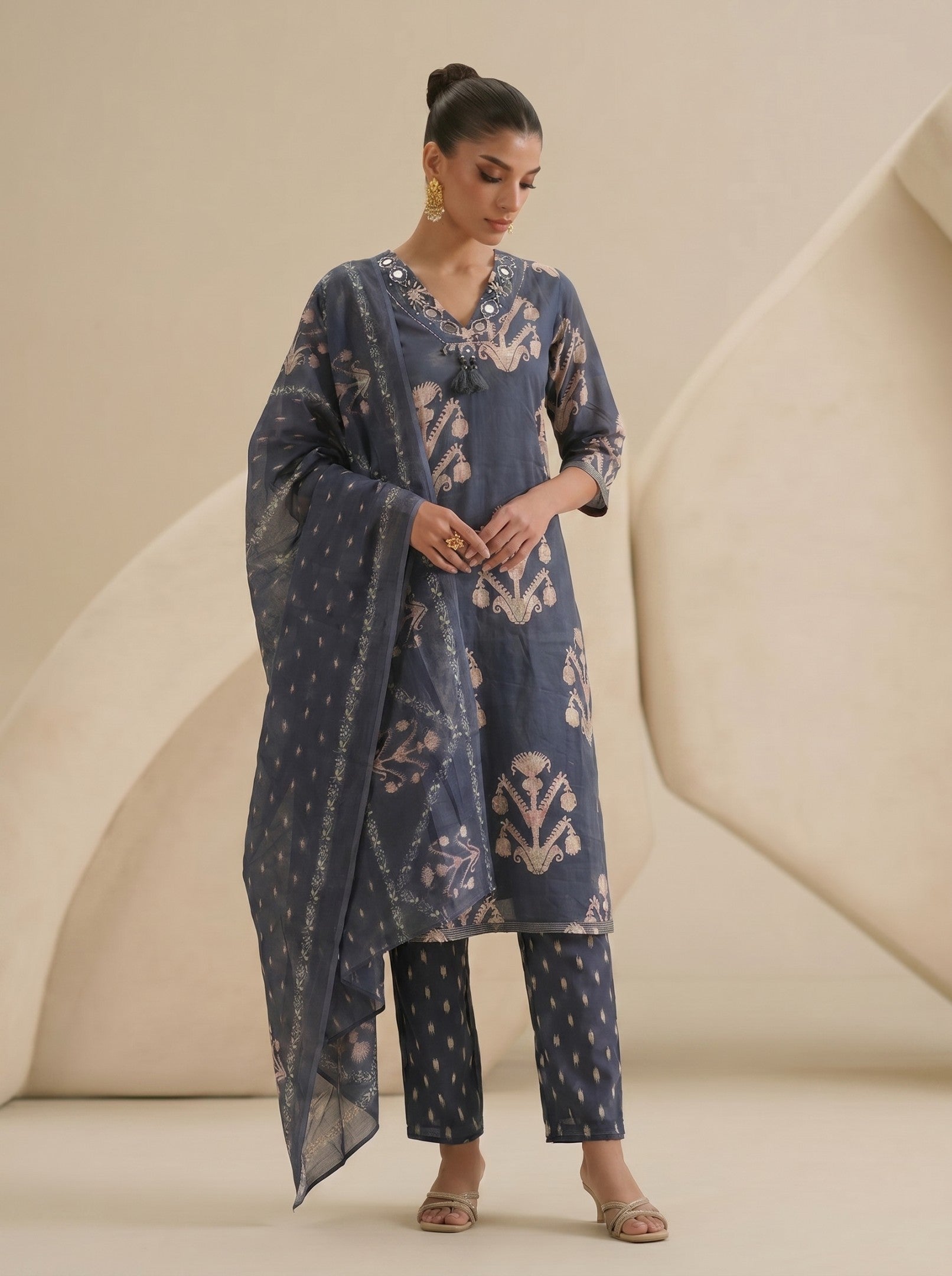 Navy Blue Printed Cotton Suit Set With Dupatta