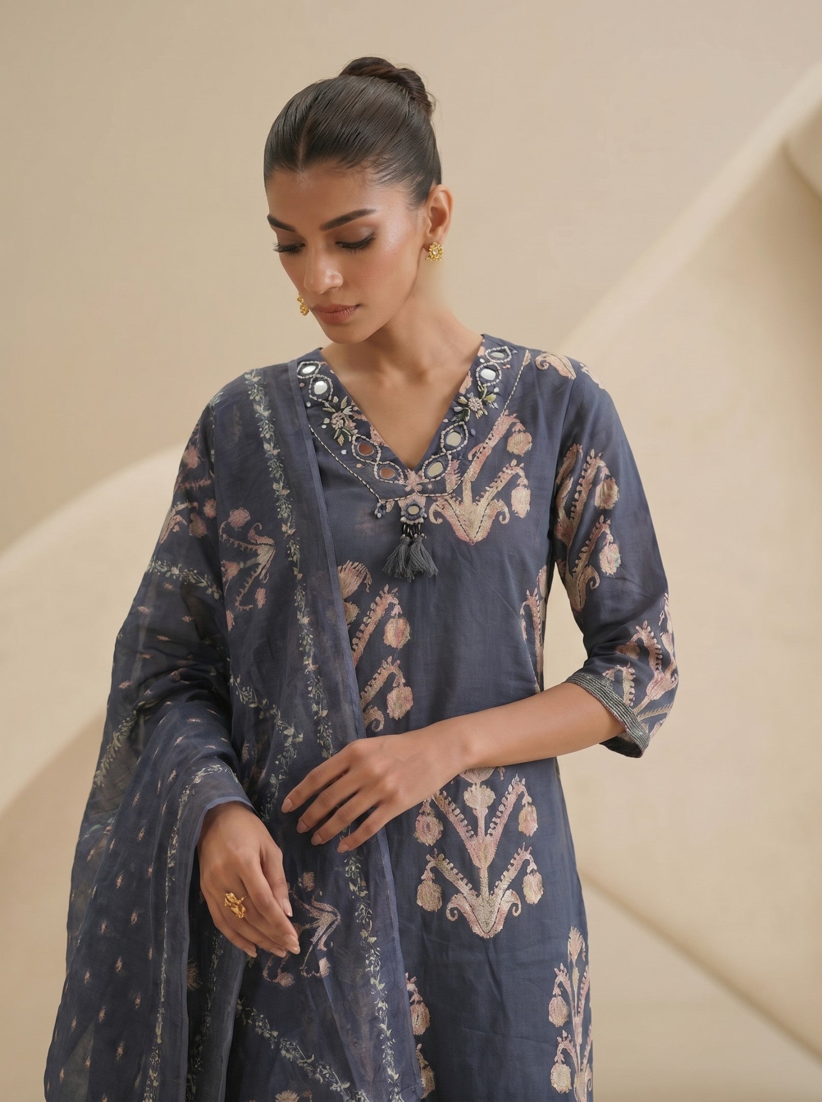 Navy Blue Printed Cotton Suit Set With Dupatta