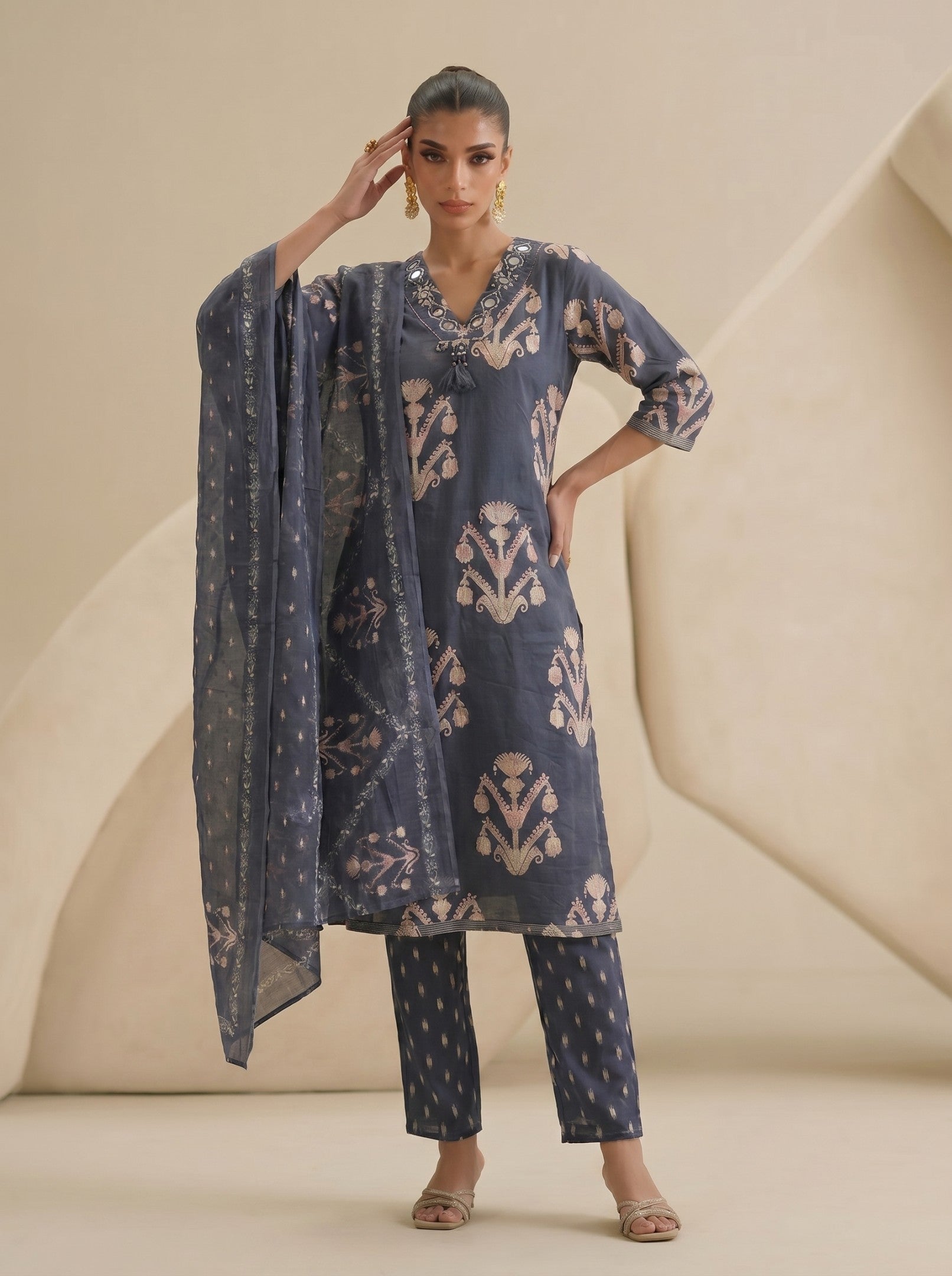 Navy Blue Printed Cotton Suit Set With Dupatta