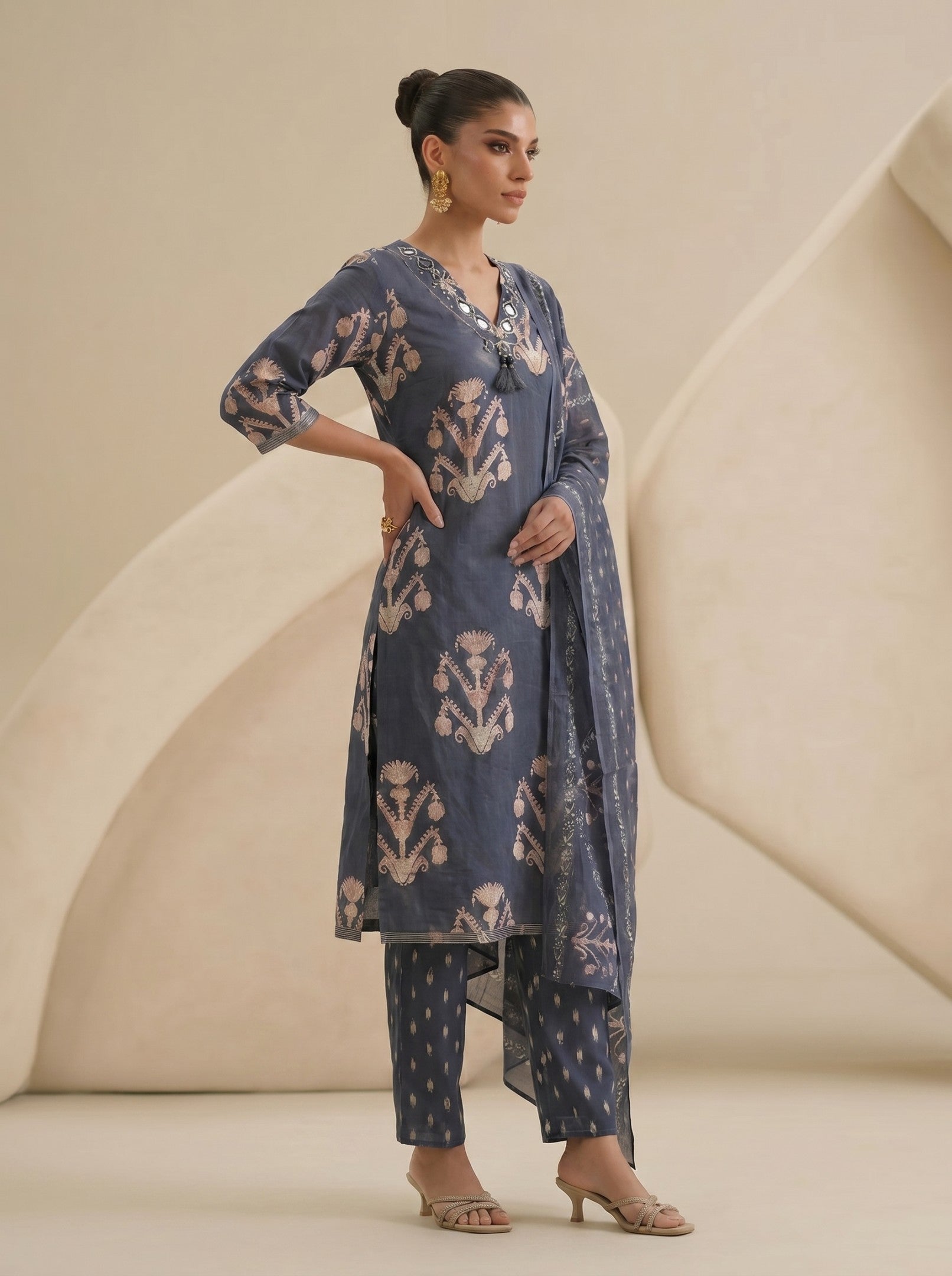 Navy Blue Printed Cotton Suit Set With Dupatta