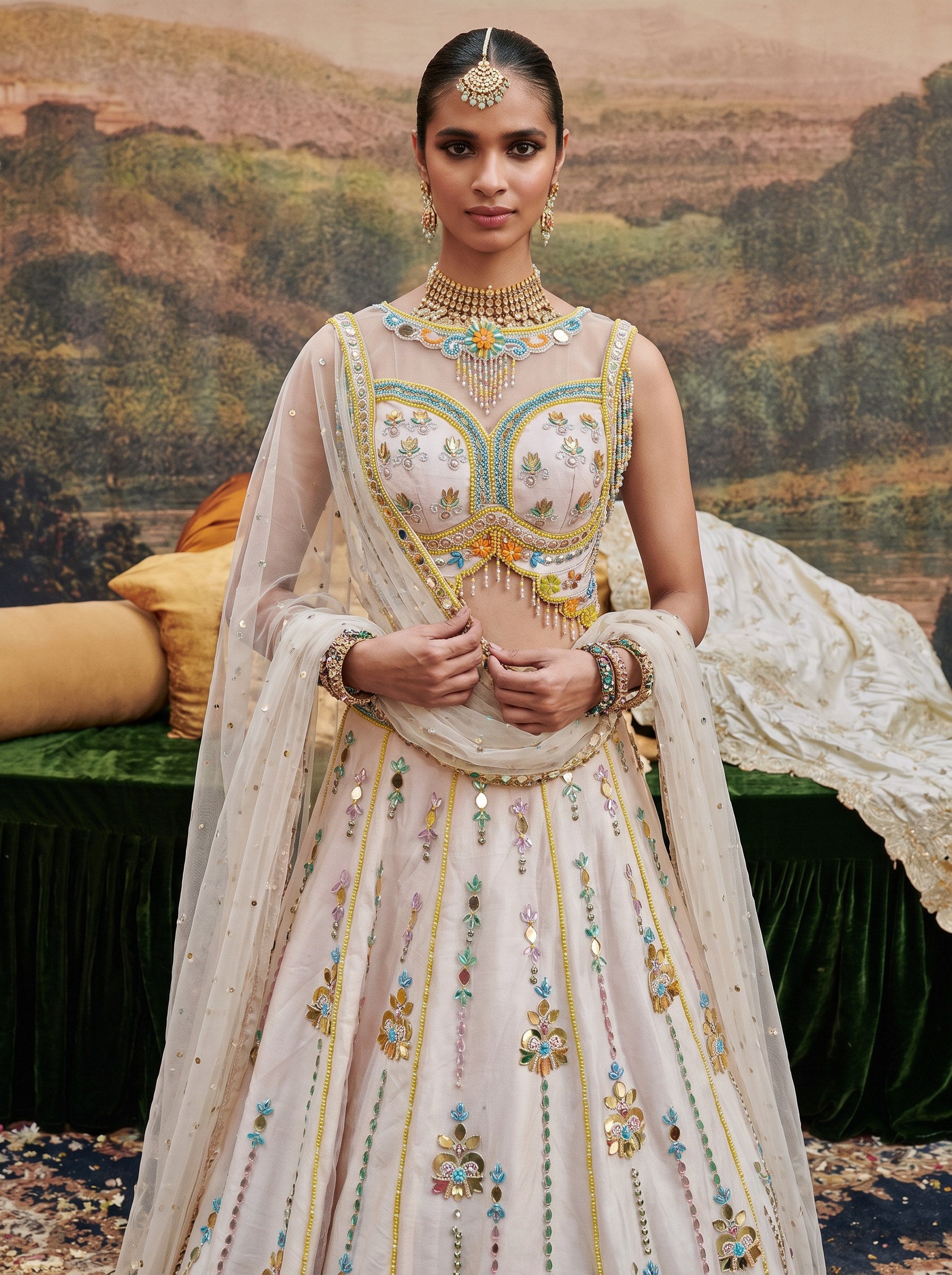 Blush ivory net beaded lehenga set with dupatta - close-up of embroidered blouse
