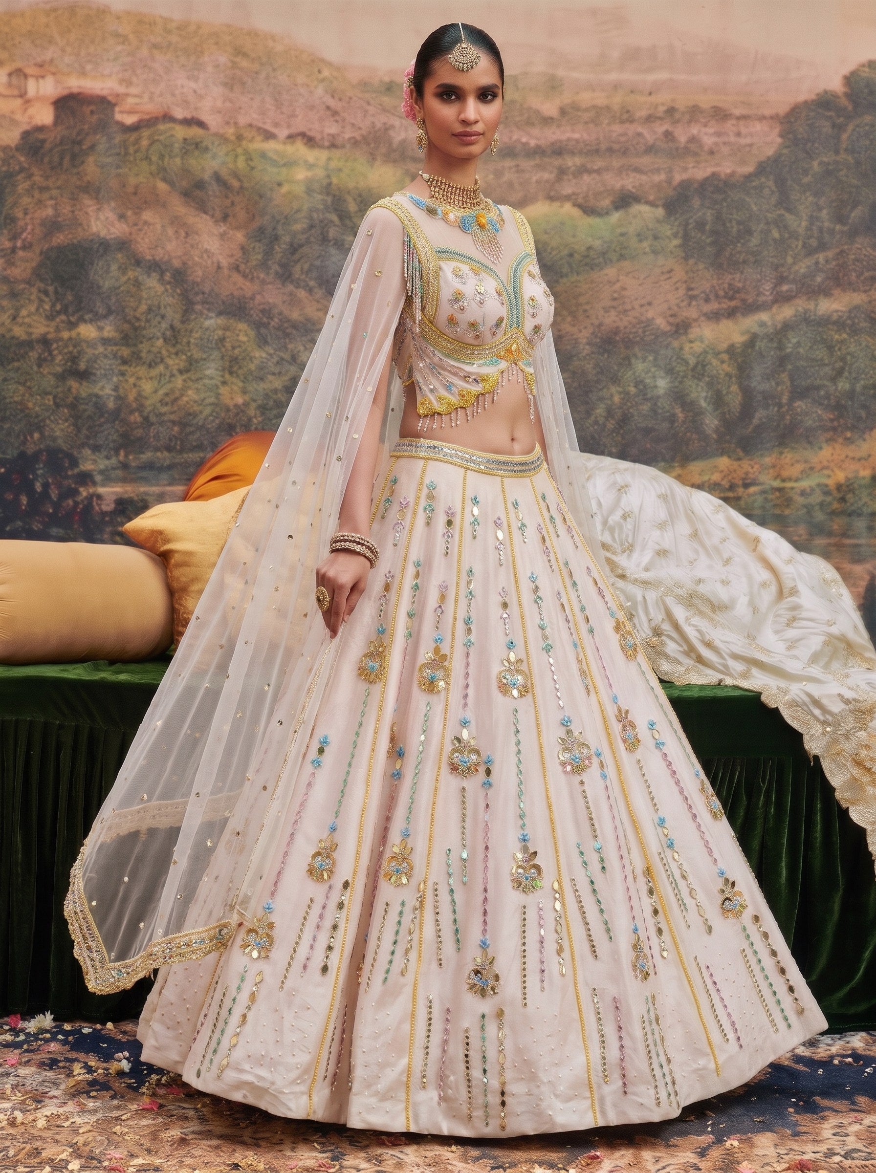 Blush ivory net beaded lehenga set with dupatta - three-quarter view with dupatta