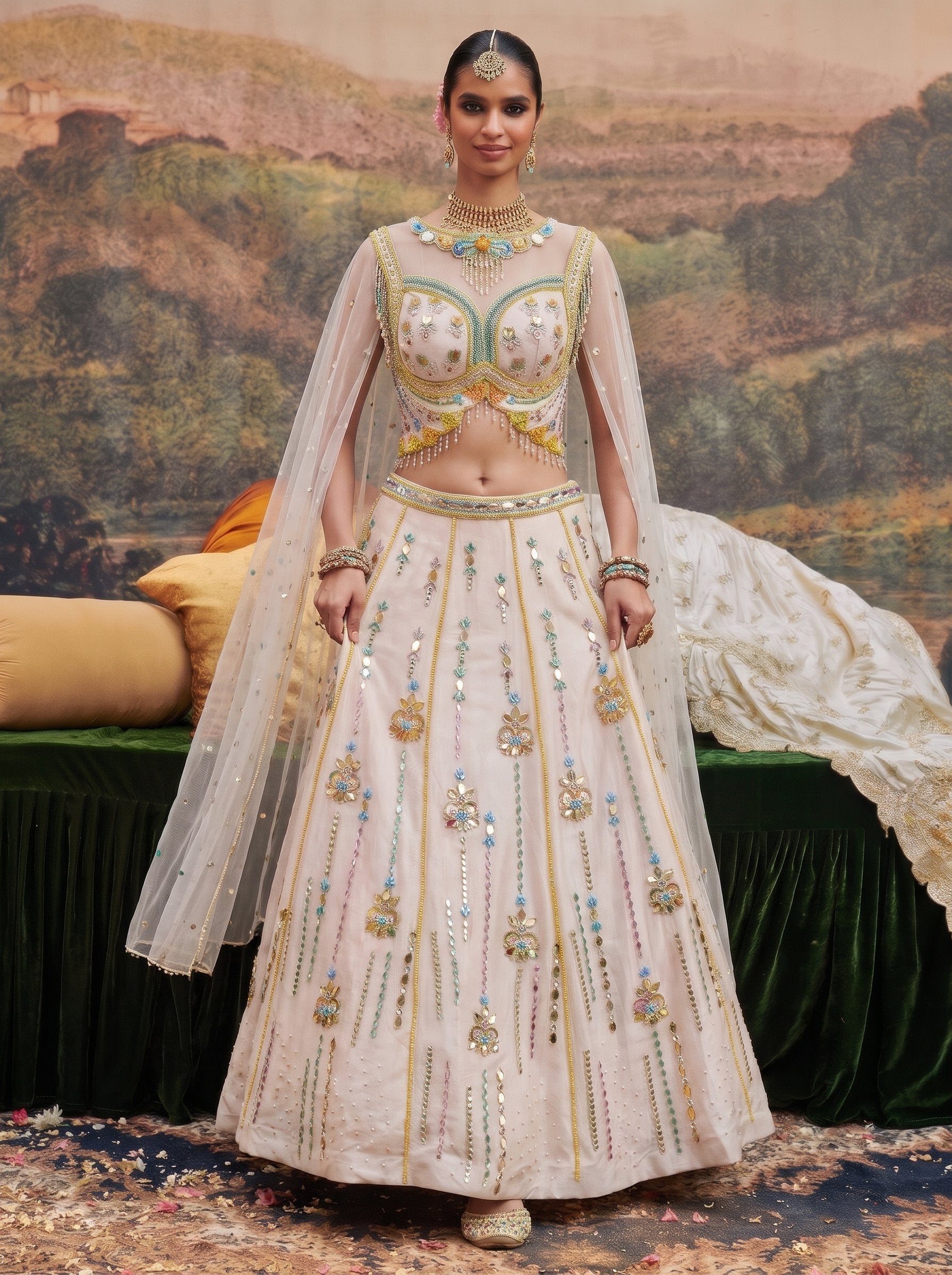Blush ivory net beaded lehenga set with dupatta - walking full look