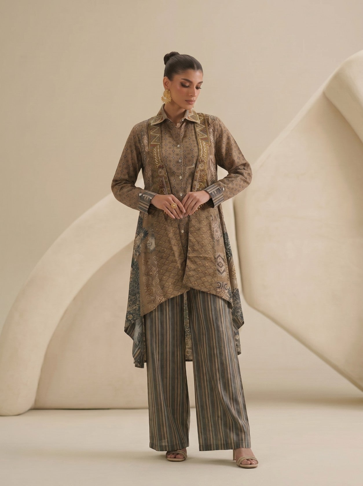 Beige Designer Suit With Long Jacket And Plazo Set