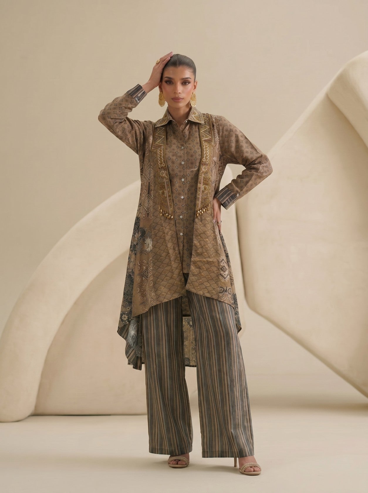 Beige Designer Suit With Long Jacket And Plazo Set