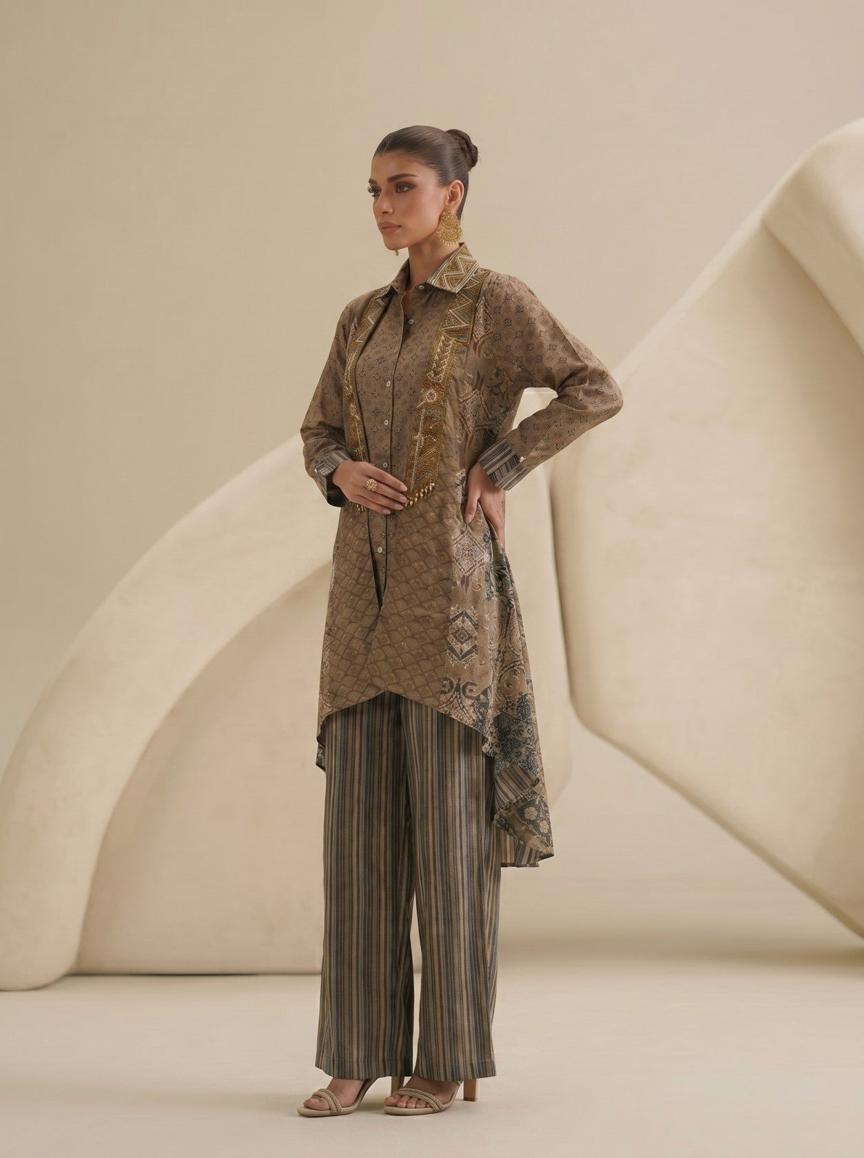 Beige Designer Suit With Long Jacket And Plazo Set