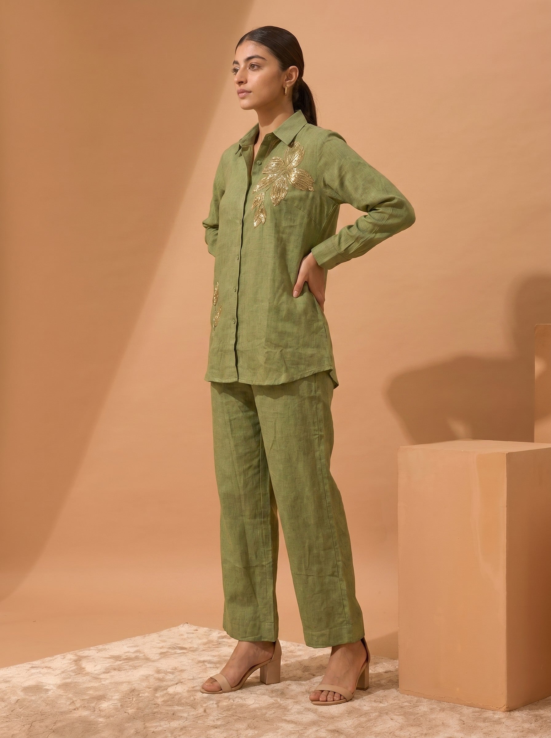 Green Embroidered Cotton Co-Ord Set