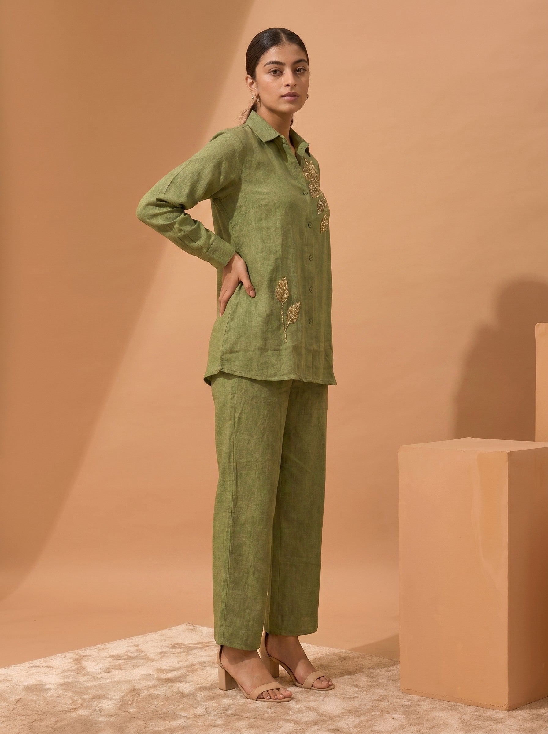 Green Embroidered Cotton Co-Ord Set