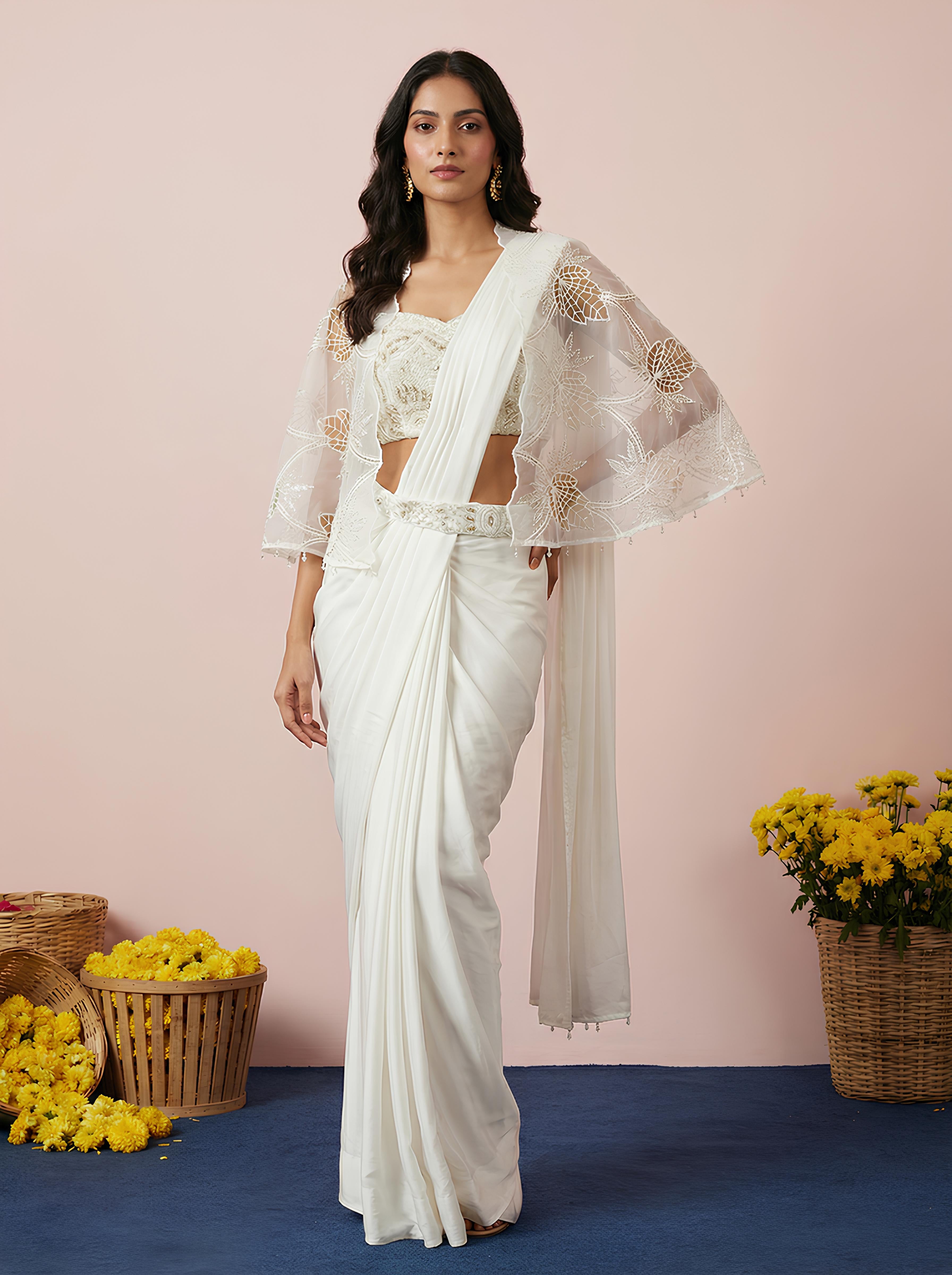 White Embroidered Drape Saree With Shrug Jacket