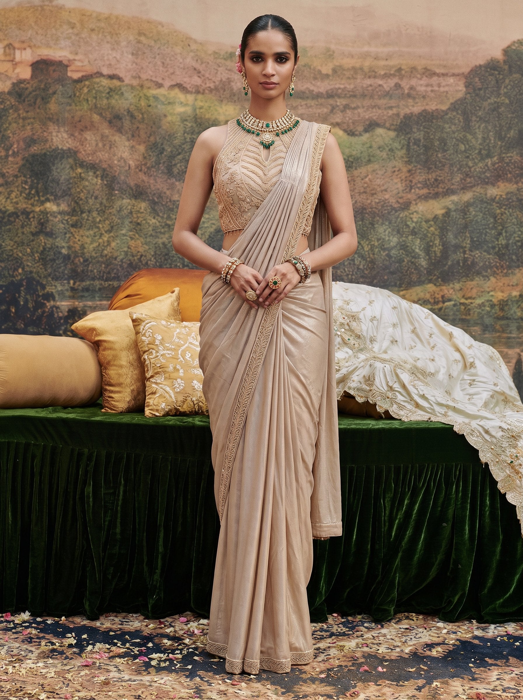 Champagne beige crepe ready to wear drape saree - front view