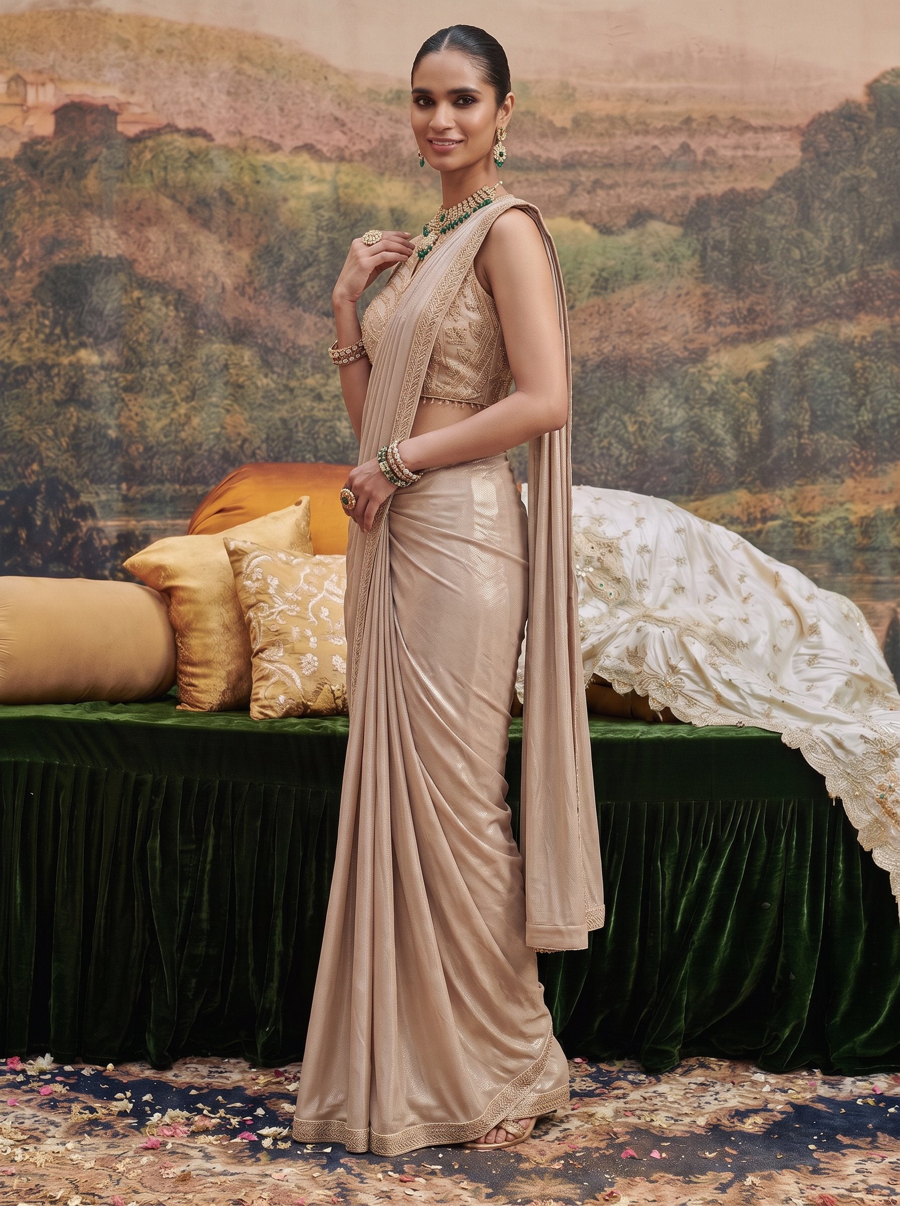 Champagne beige crepe ready to wear drape saree - holding the pallu