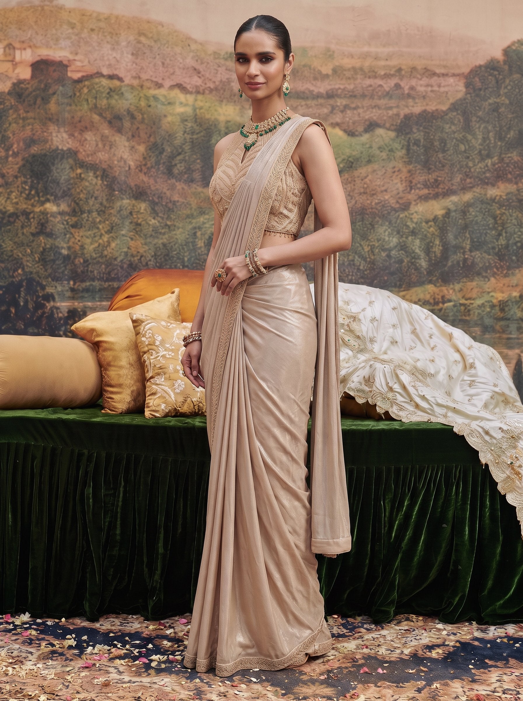 Champagne beige crepe ready to wear drape saree - three-quarter view
