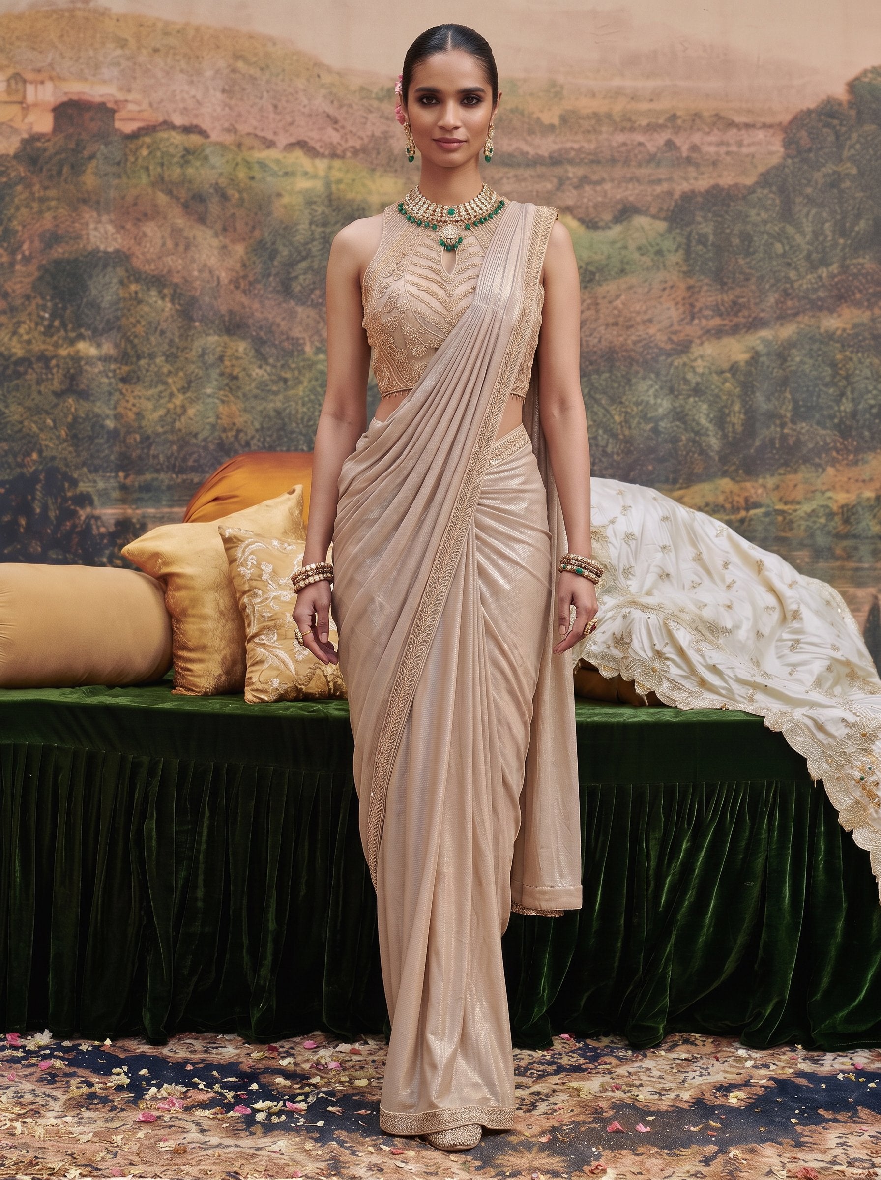 Champagne beige crepe ready to wear drape saree - walking full look