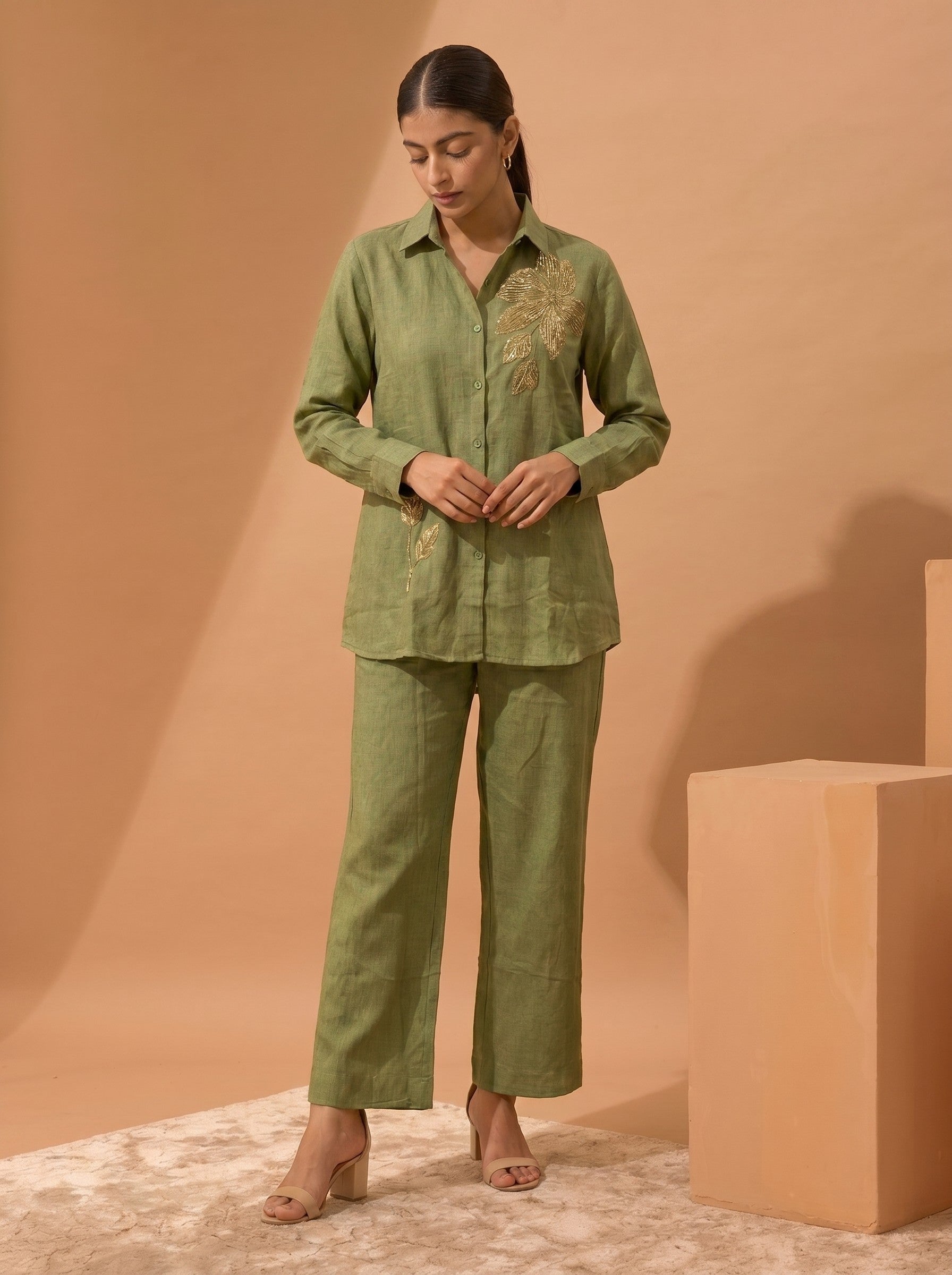 Green Embroidered Cotton Co-Ord Set